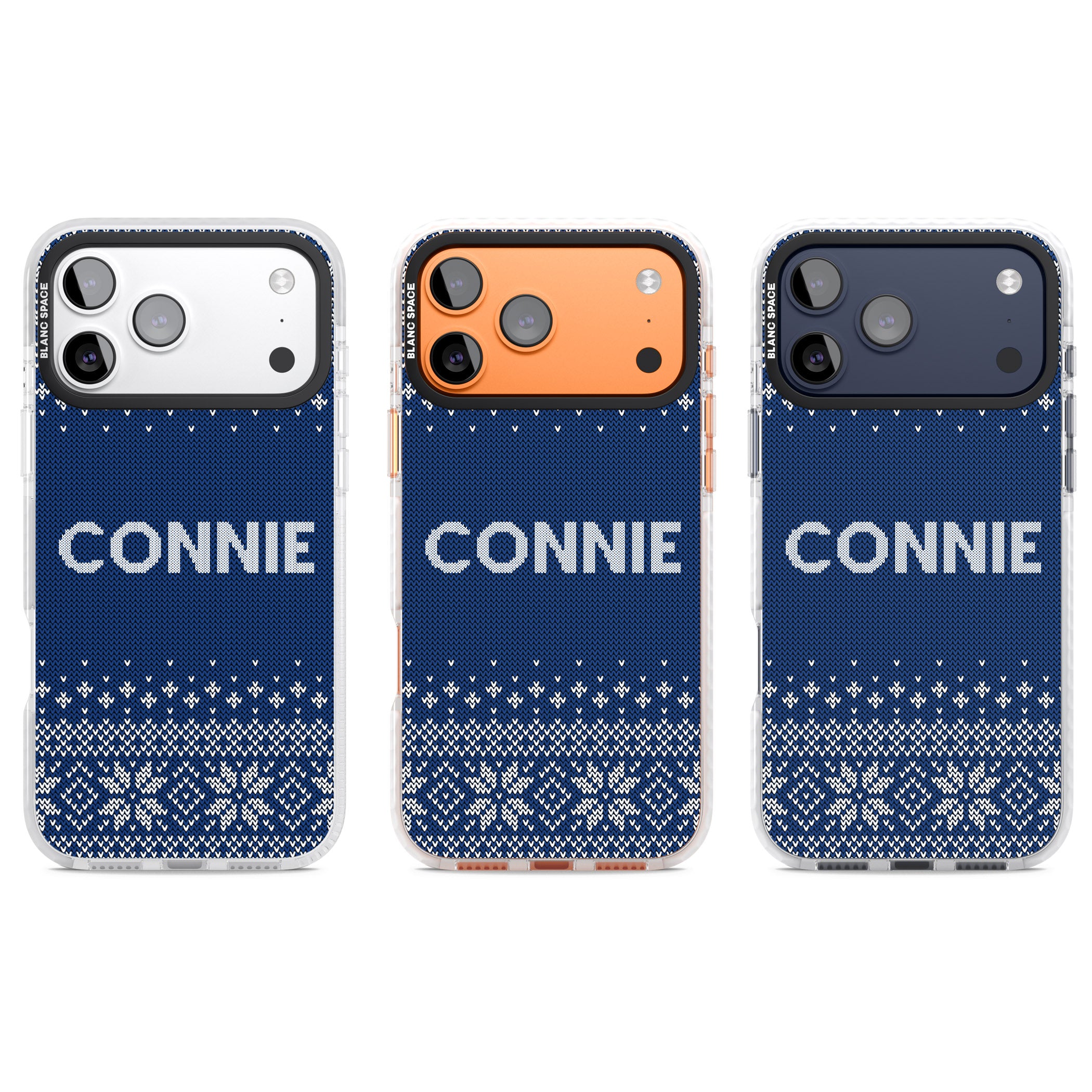 Personalised Blue Knitted Christmas iPhone 17 Pro Impact Pro Clear Phone Case APT Impact Protection