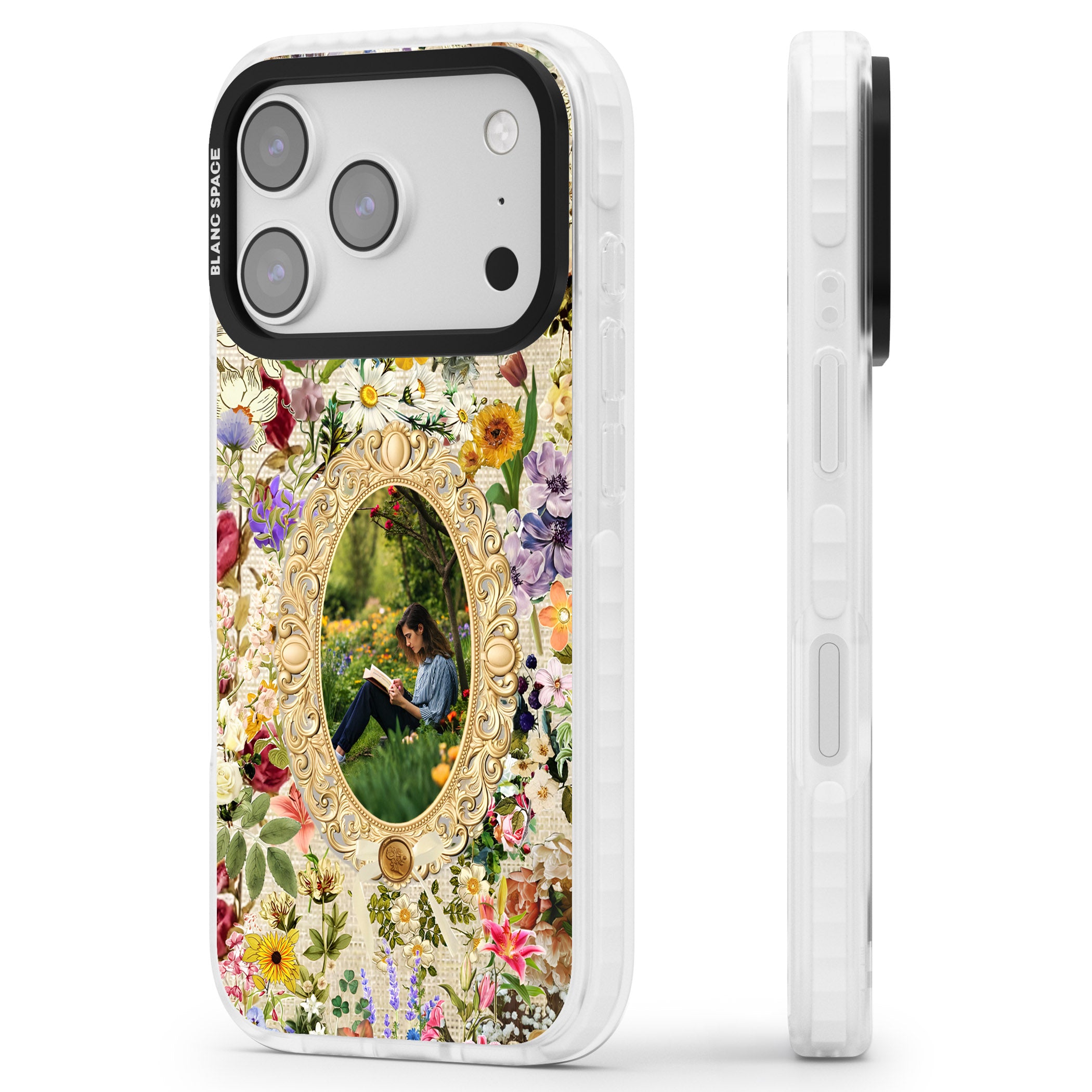 Personalised Vintage Wildflower Frame iPhone 17 Pro Impact Pro Clear Phone Case Side Profile