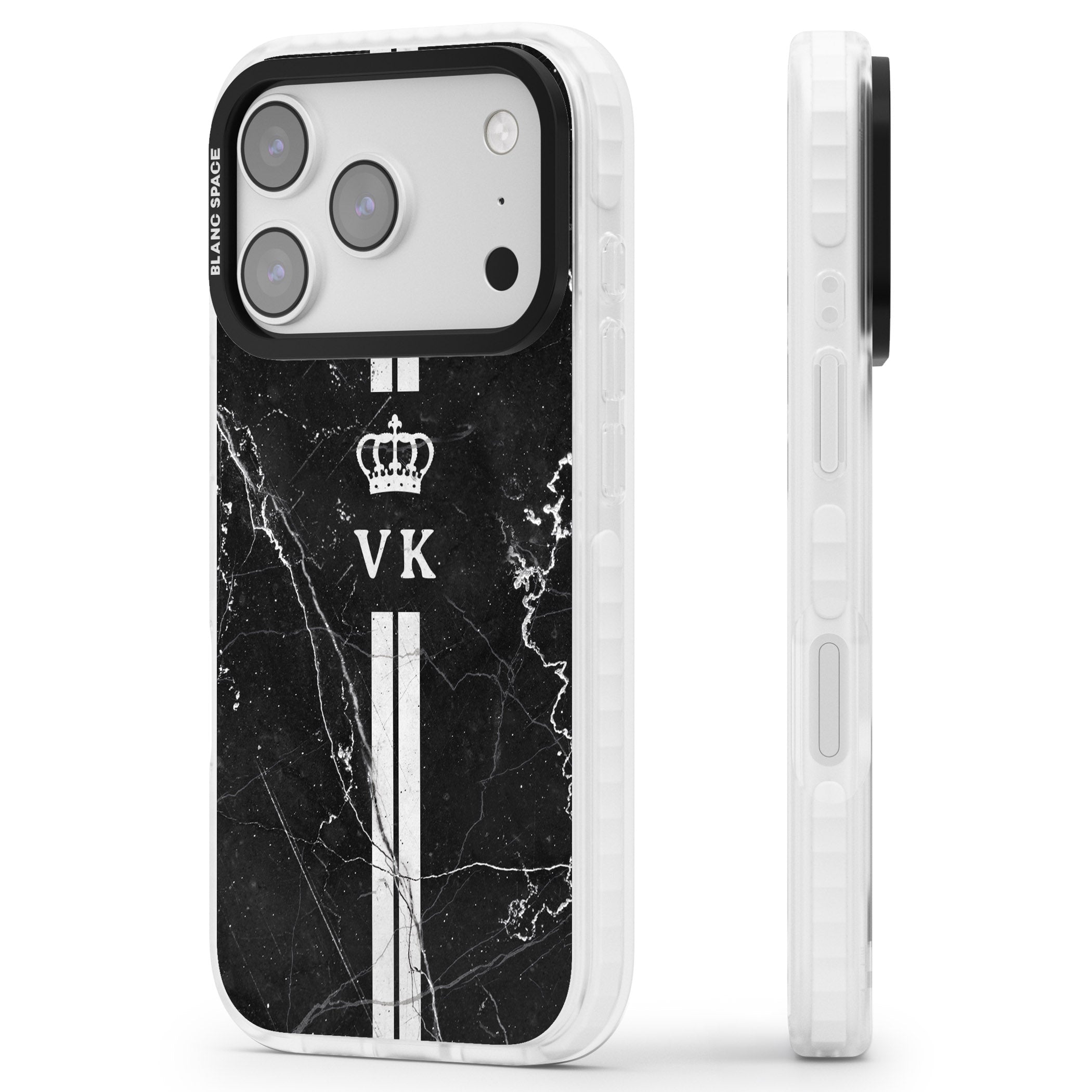 Personalised Black Marble Stripe Initials iPhone 17 Pro Impact Pro Clear Phone Case Side Profile