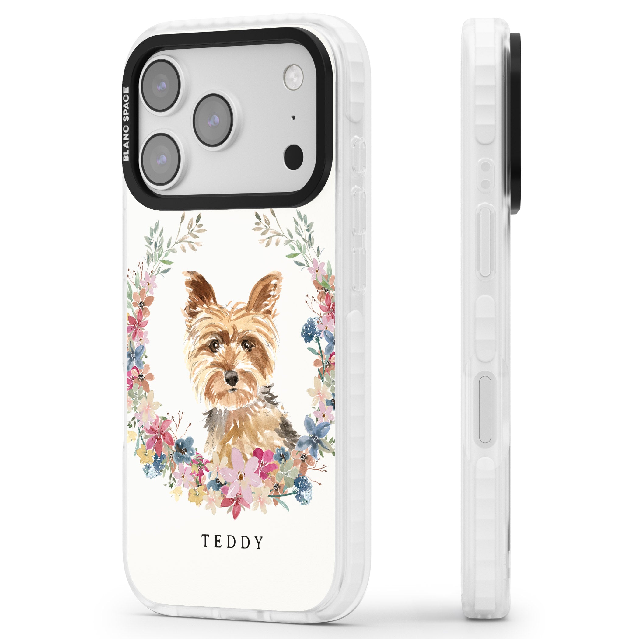 Personalised Yorkshire Terrier Floral Portrait iPhone 17 Pro Max Impact Pro Clear Phone Case Side Profile