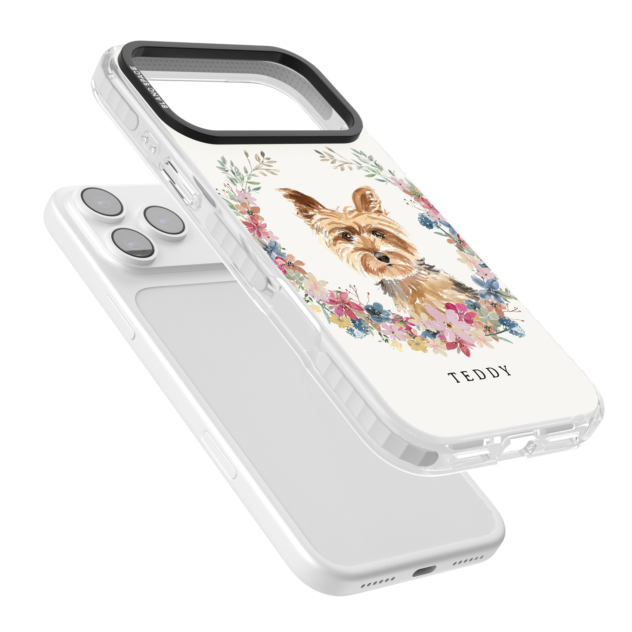Personalised Yorkshire Terrier Floral Portrait iPhone 17 Pro Max Impact Pro Clear Phone Case Colours