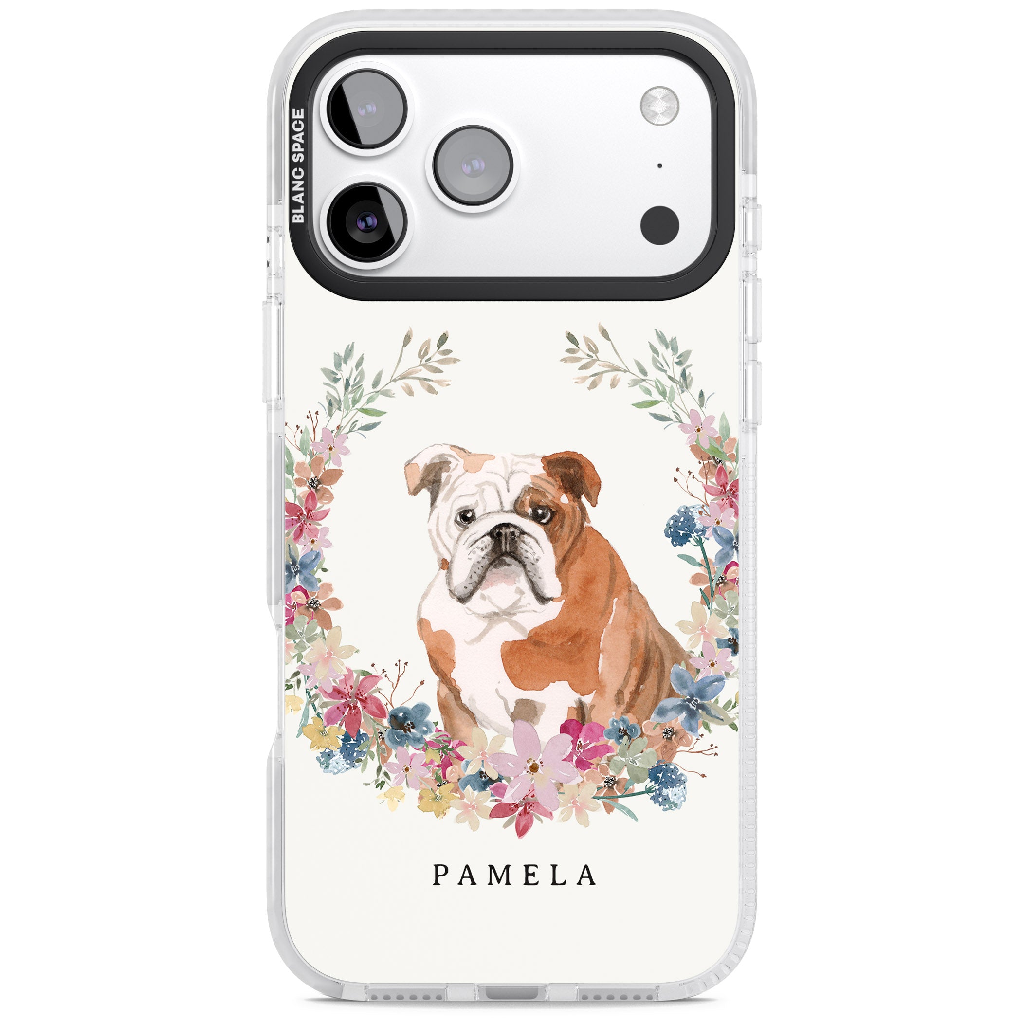 Personalised English Bulldog Floral Portrait iPhone 17 Pro Impact Pro Clear Phone Case