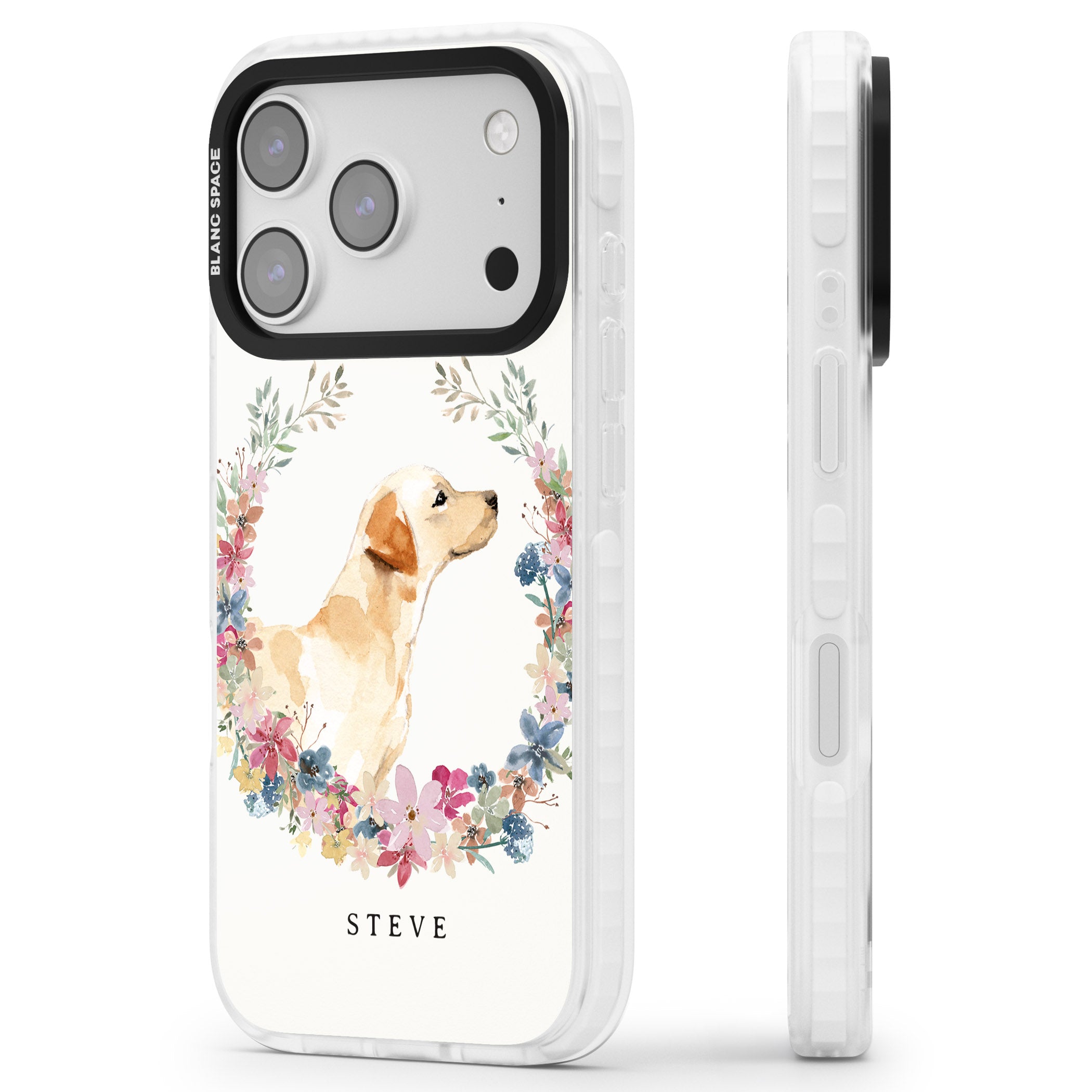 Personalised Yellow Labrador Floral Portrait iPhone 17 Pro Impact Pro Clear Phone Case Side Profile