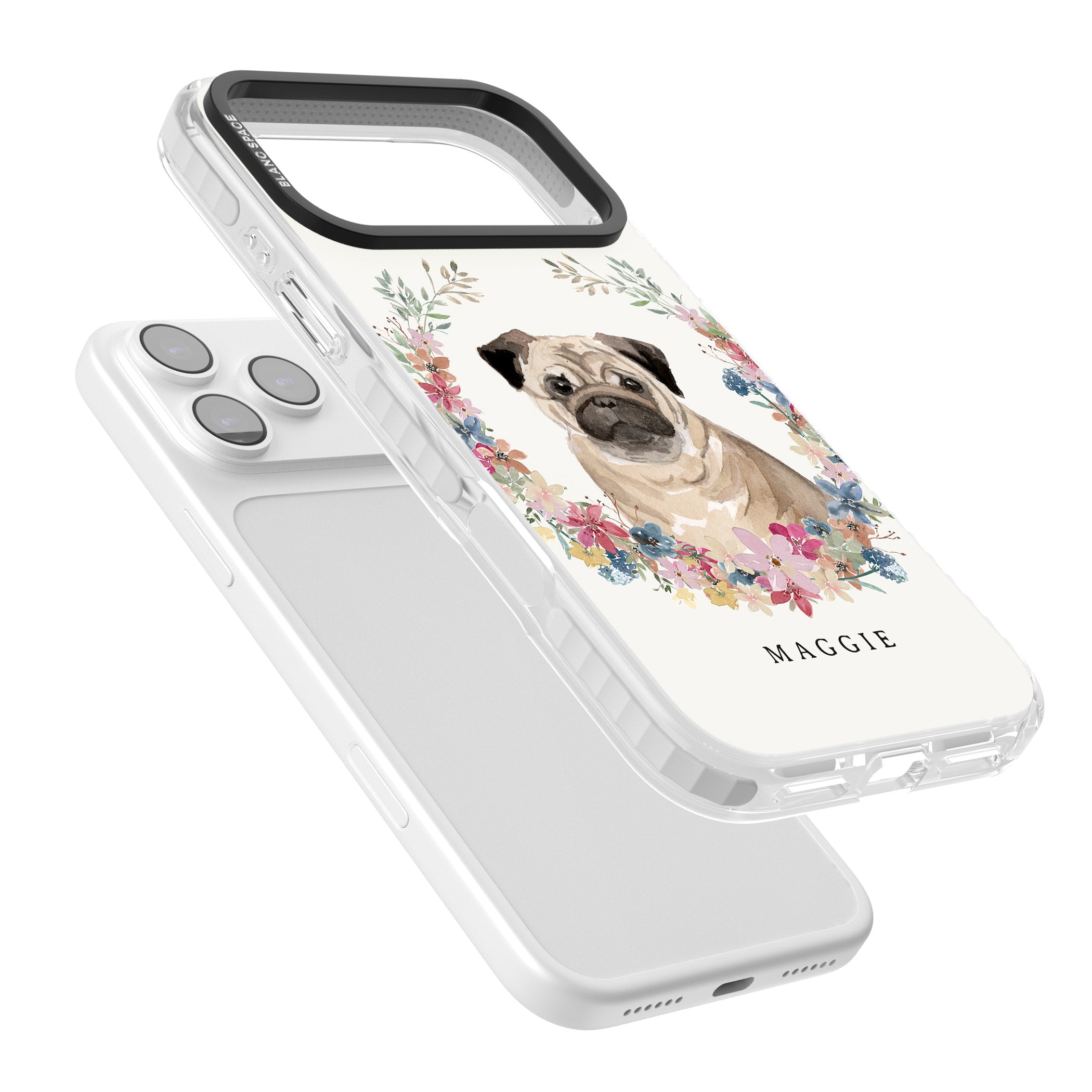 Personalised Pug Floral Portrait iPhone 17 Pro Impact Pro Clear Phone Case Colours