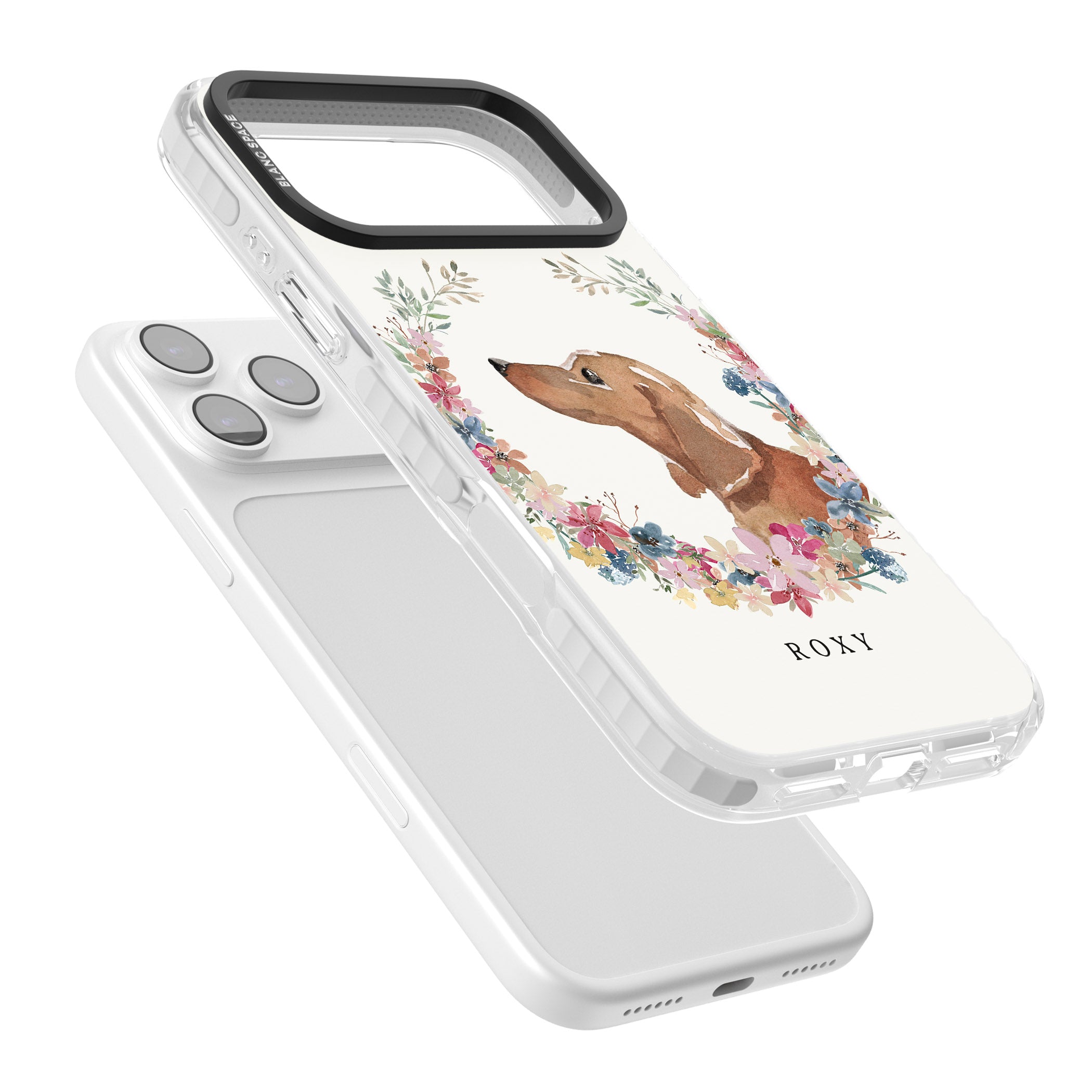 Personalised Tan Dachshund Floral Portrait iPhone 17 Pro Impact Pro Clear Phone Case Colours