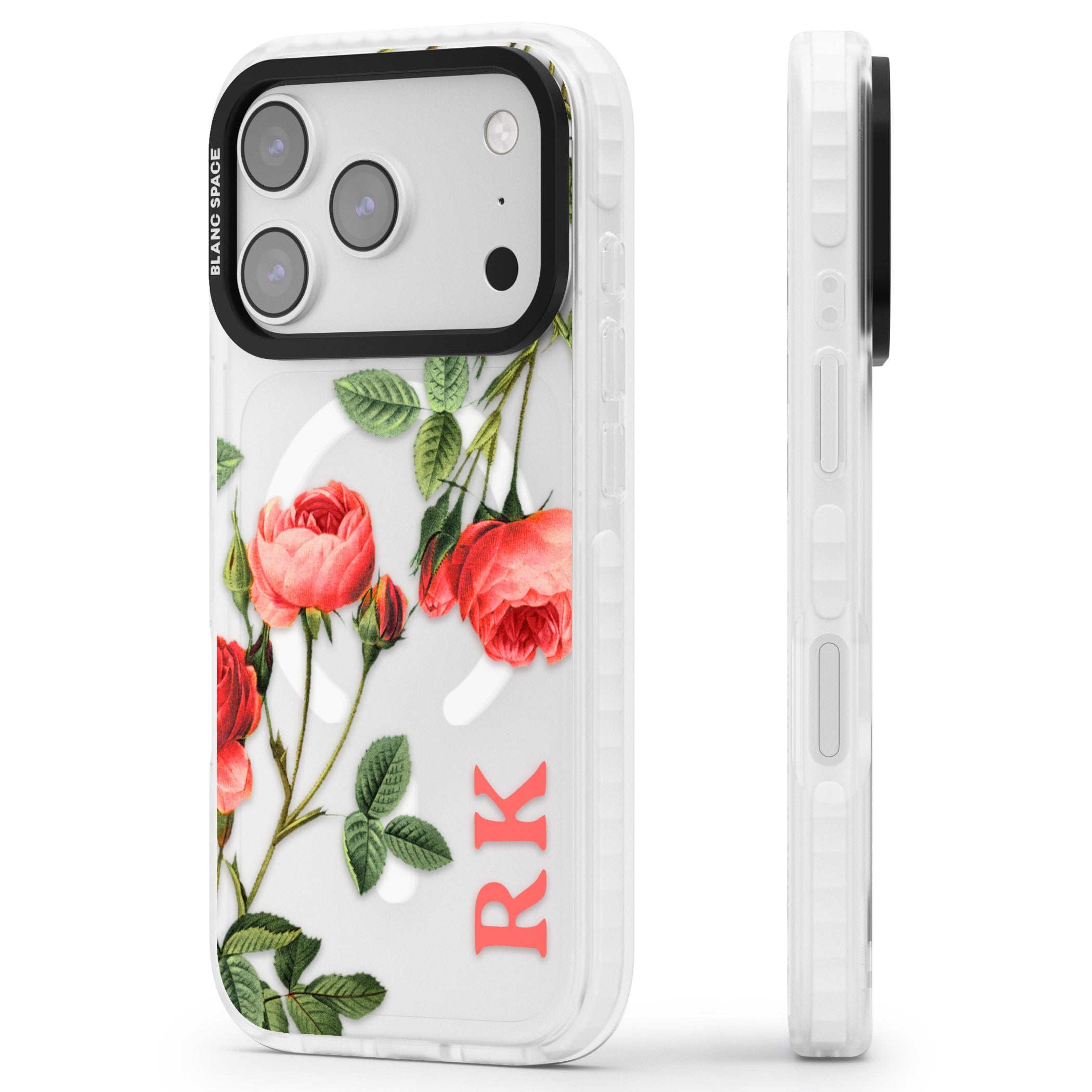 Personalised Vintage Floral Rose iPhone 17 Pro Impact Pro Clear Phone Case Side Profile
