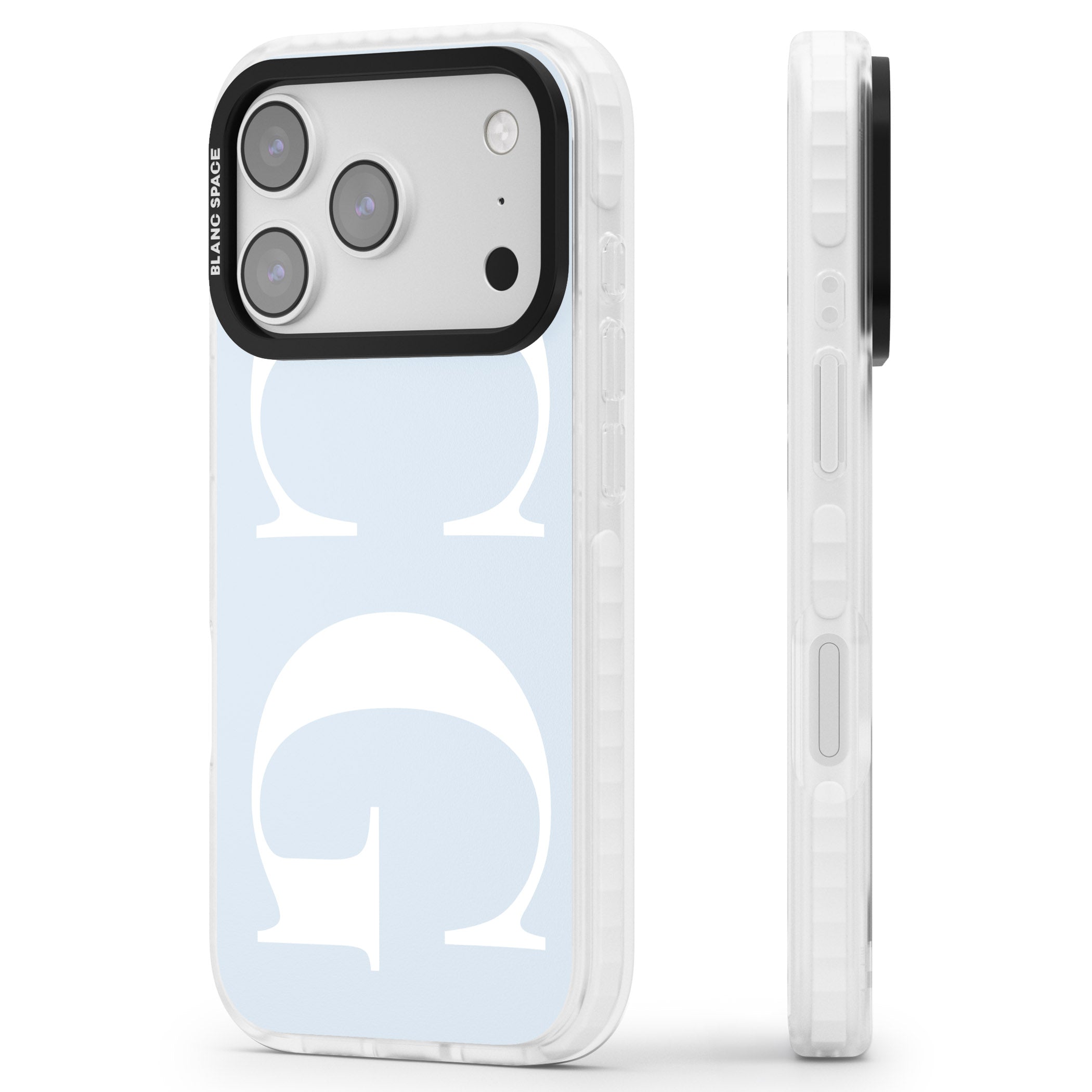 Personalised White & Blue Green Letters iPhone 17 Pro Impact Pro Clear Phone Case Side Profile