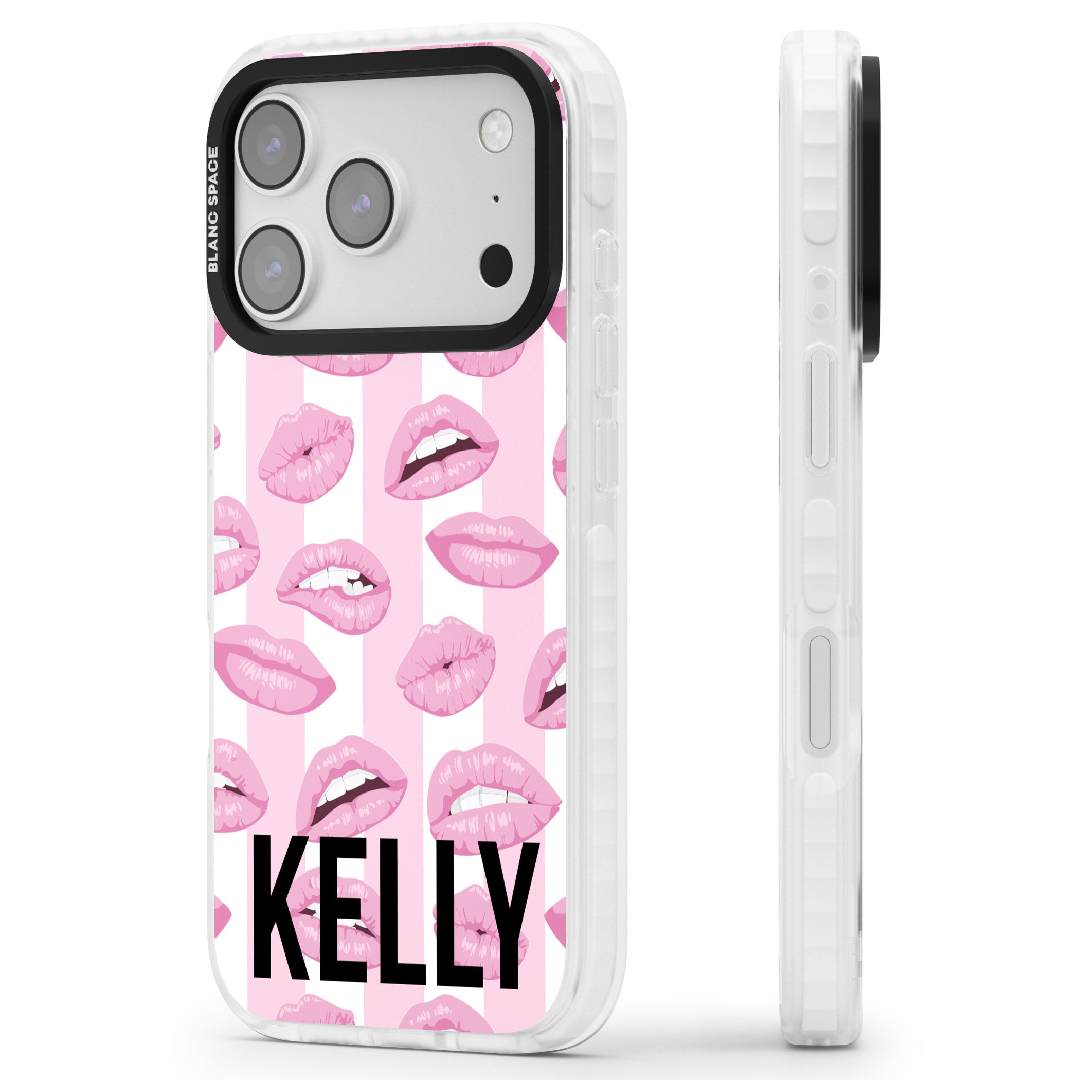 Personalised Pink Stripes & Lips iPhone 17 Pro Max Impact Pro Clear Phone Case Side Profile