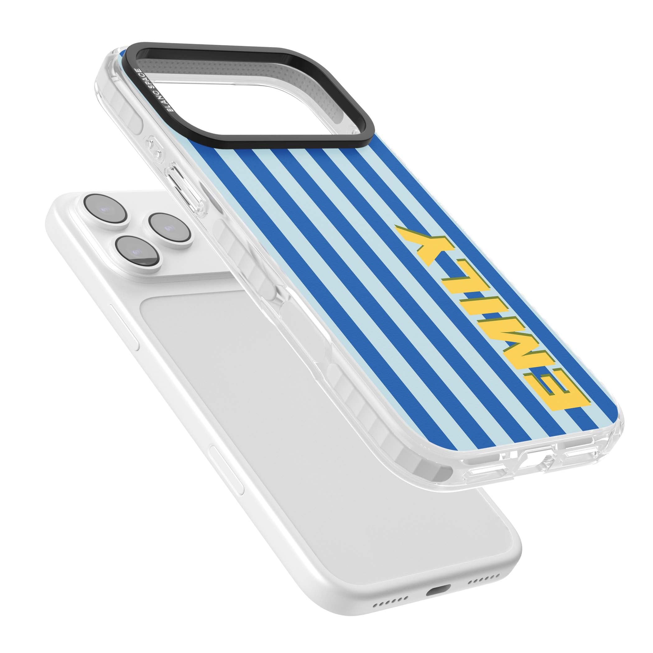 Athenian Stripe personalised preppy iPhone case featuring blue vertical stripes and a custom yellow name | Impact Magsafe case for iPhone 17 Pro, iPhone 17 Pro Max