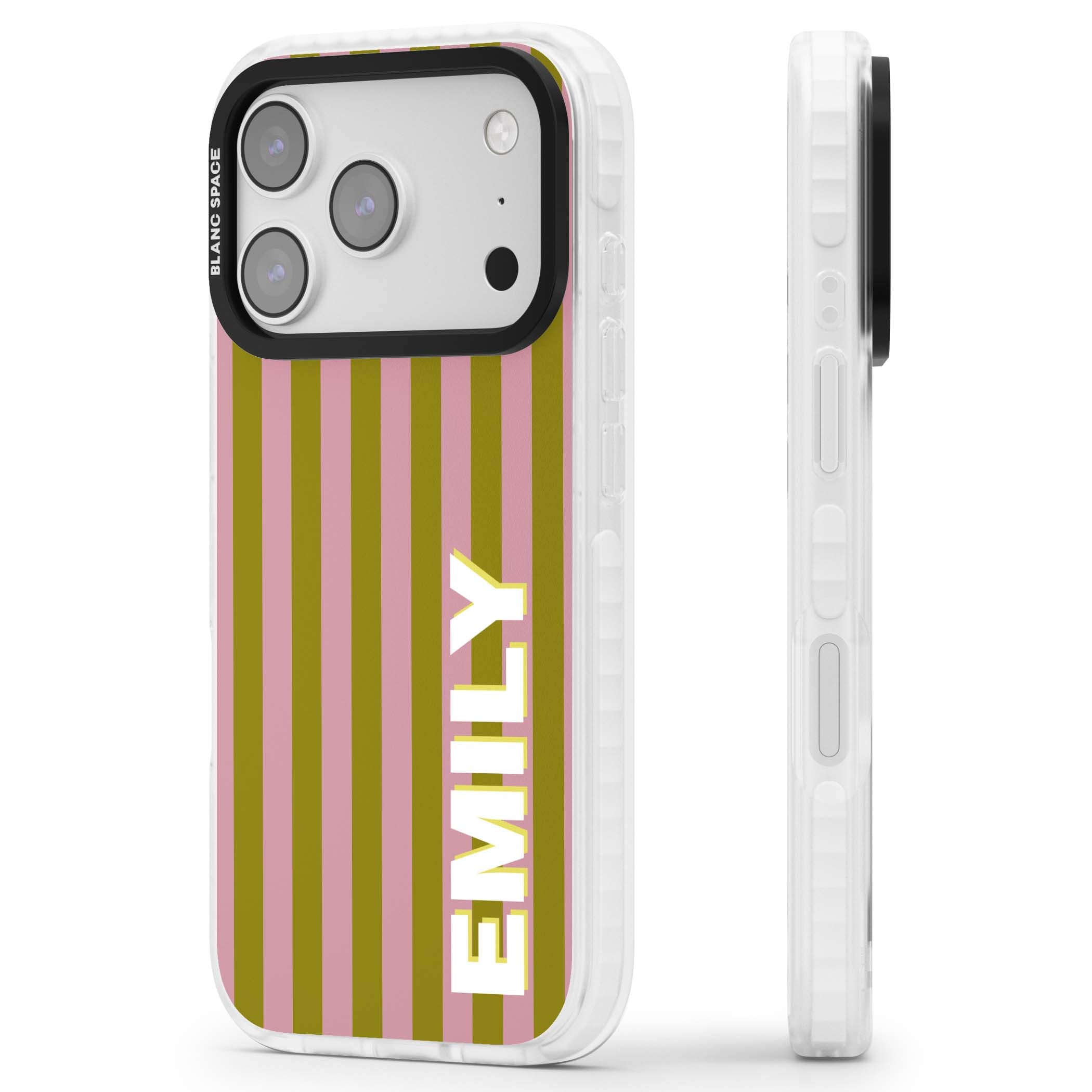 Istanbul Stripe personalised iPhone case featuring pink and olive green vertical stripes with a custom vertical name | Impact Magsafe case for iPhone 17 Pro, iPhone 17 Pro Max