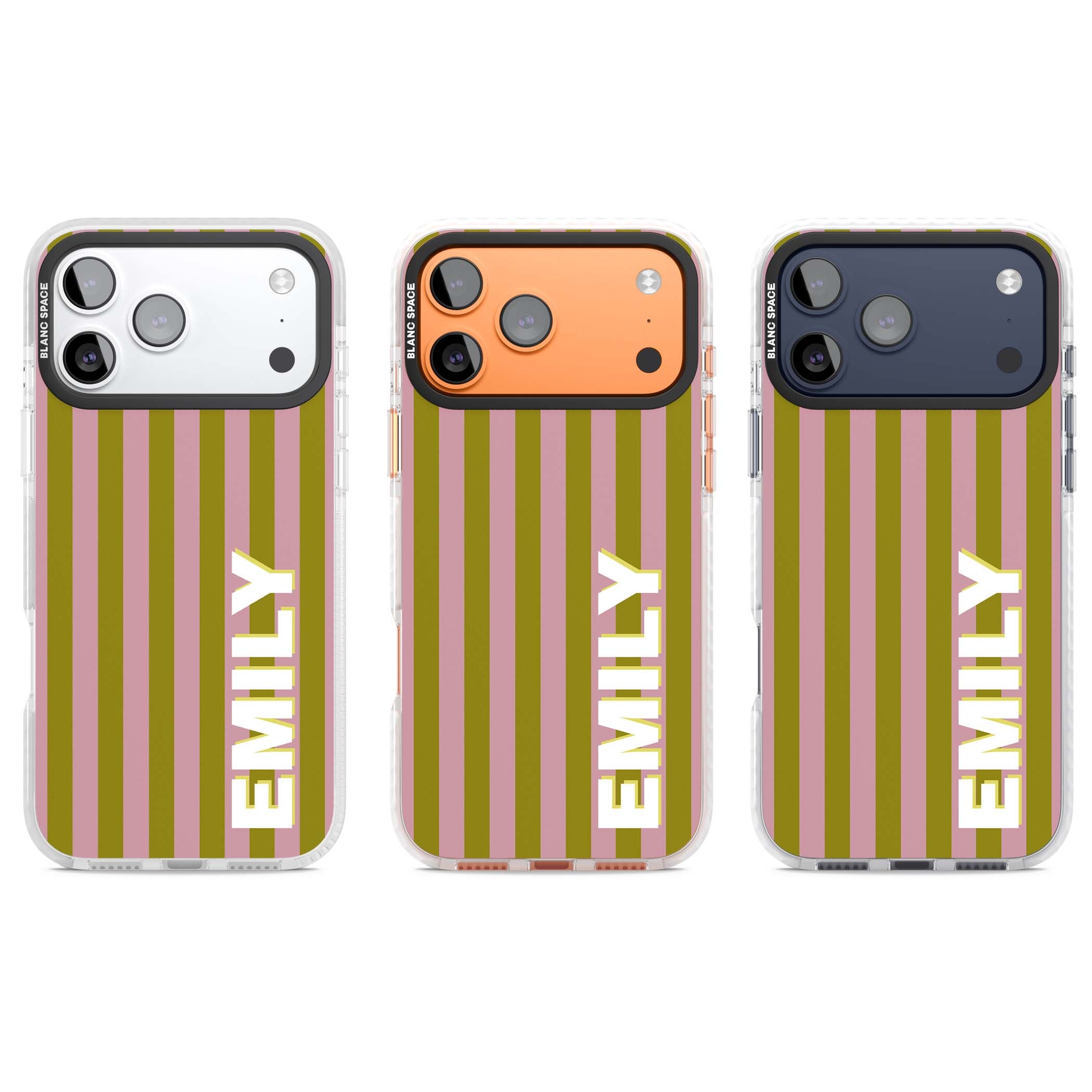 Istanbul Stripe personalised iPhone case featuring pink and olive green vertical stripes with a custom vertical name | Impact Magsafe case for iPhone 17 Pro, iPhone 17 Pro Max