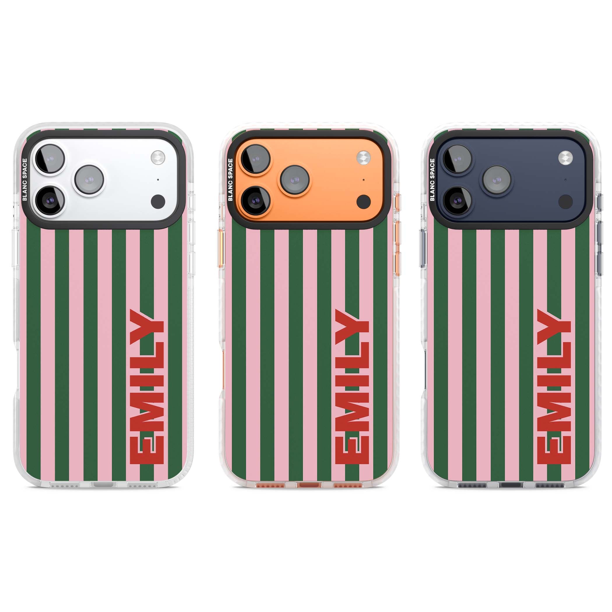 Italian Stripe preppy iPhone case featuring pink and green vertical stripes with personalised red name | Impact Magsafe case for iPhone 17 Pro, iPhone 17 Pro Max
