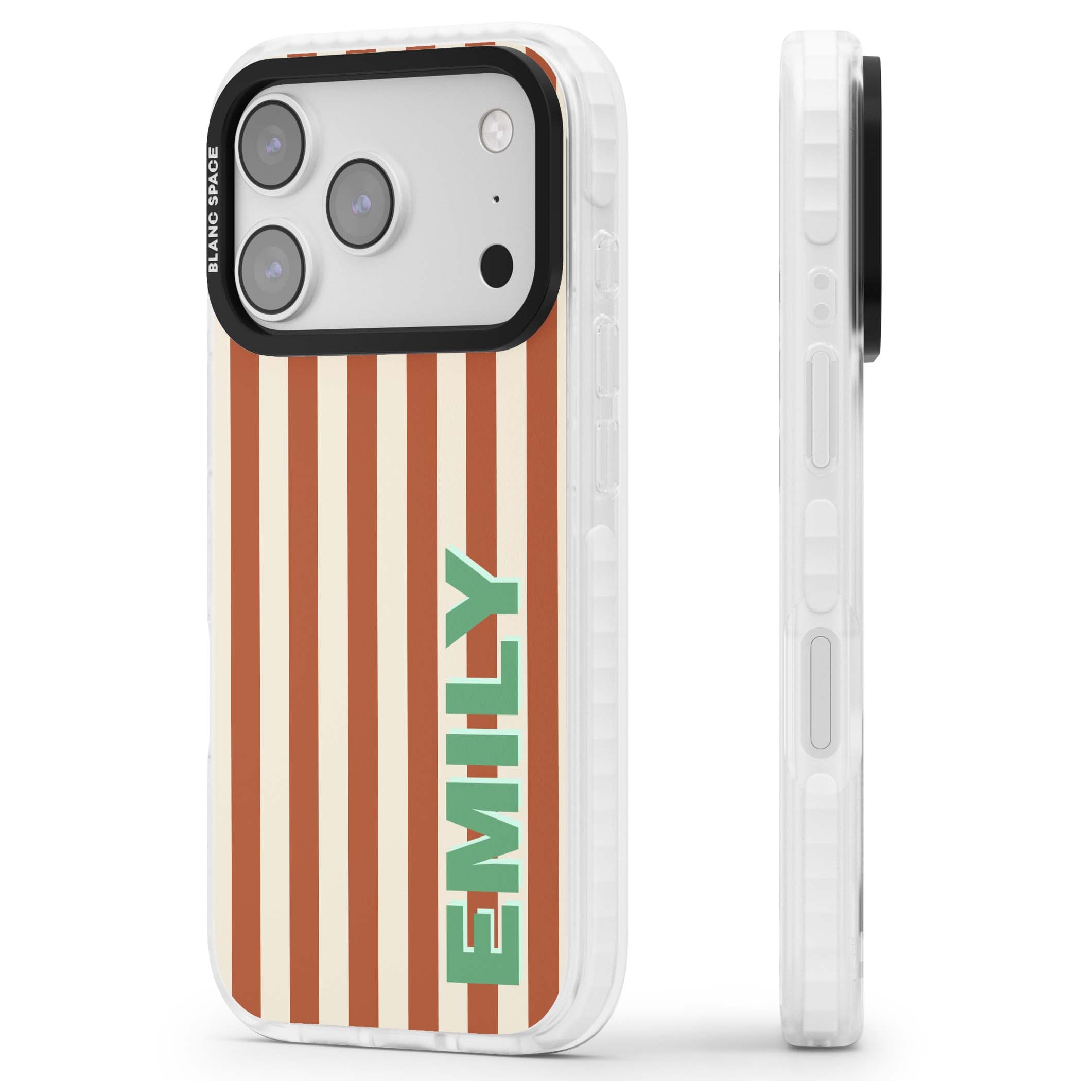 Dune Stripe personalised iPhone case with rust and cream vertical stripes and custom name in mint green | Impact Magsafe case for iPhone 17 Pro, iPhone 17 Pro Max