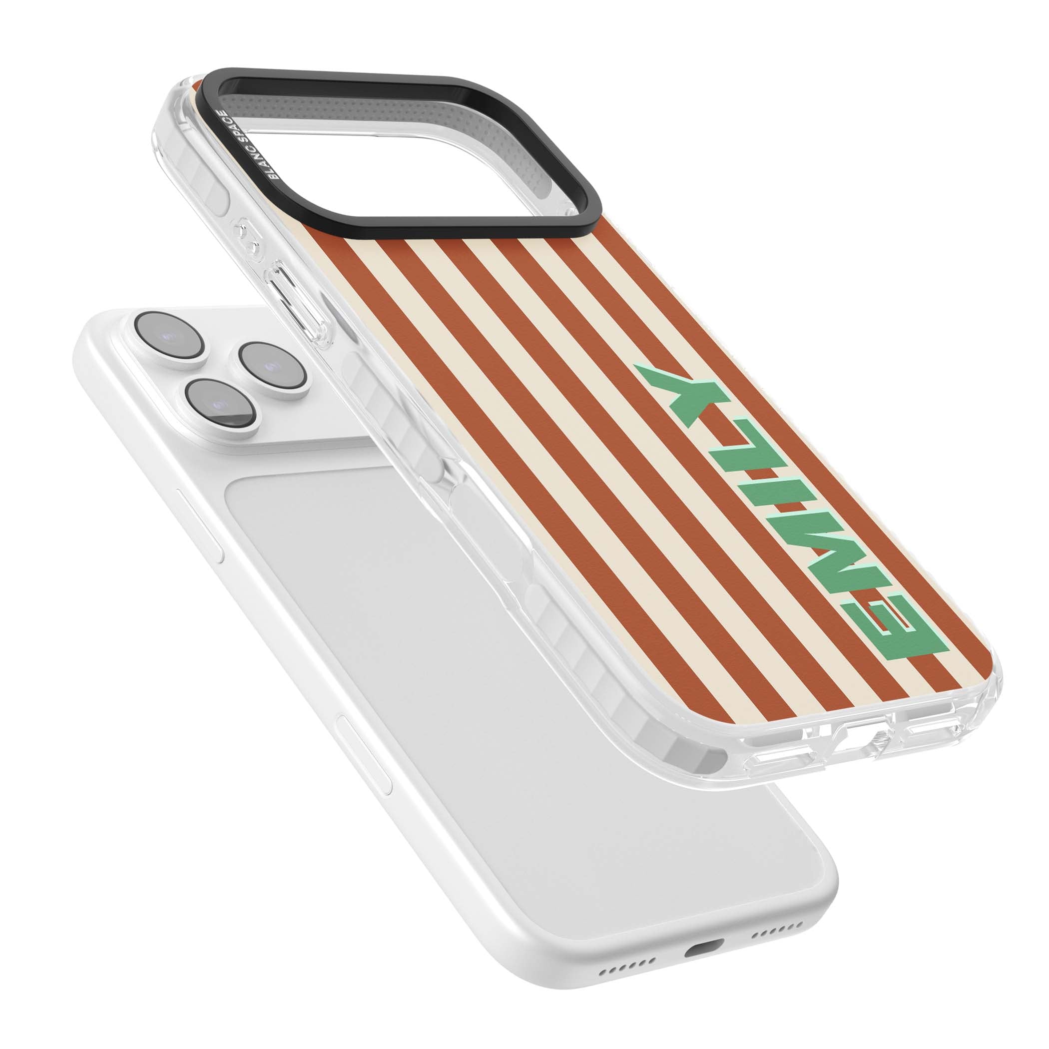 Dune Stripe personalised iPhone case with rust and cream vertical stripes and custom name in mint green | Impact Magsafe case for iPhone 17 Pro, iPhone 17 Pro Max