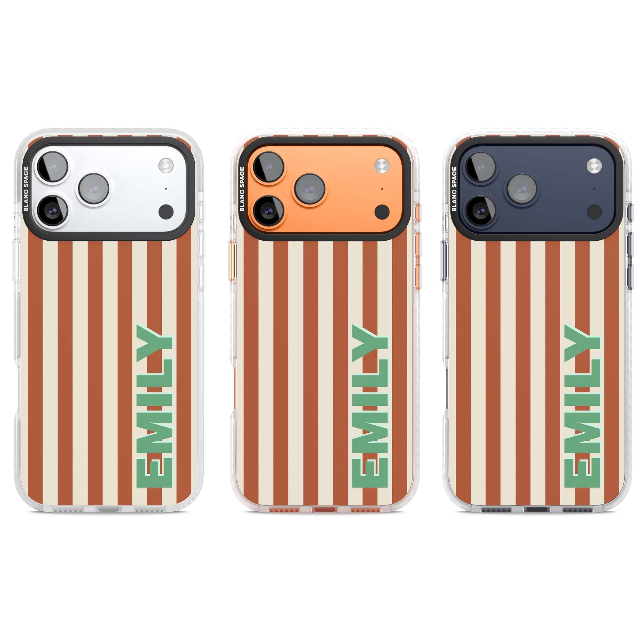 Dune Stripe personalised iPhone case with rust and cream vertical stripes and custom name in mint green | Impact Magsafe case for iPhone 17 Pro, iPhone 17 Pro Max