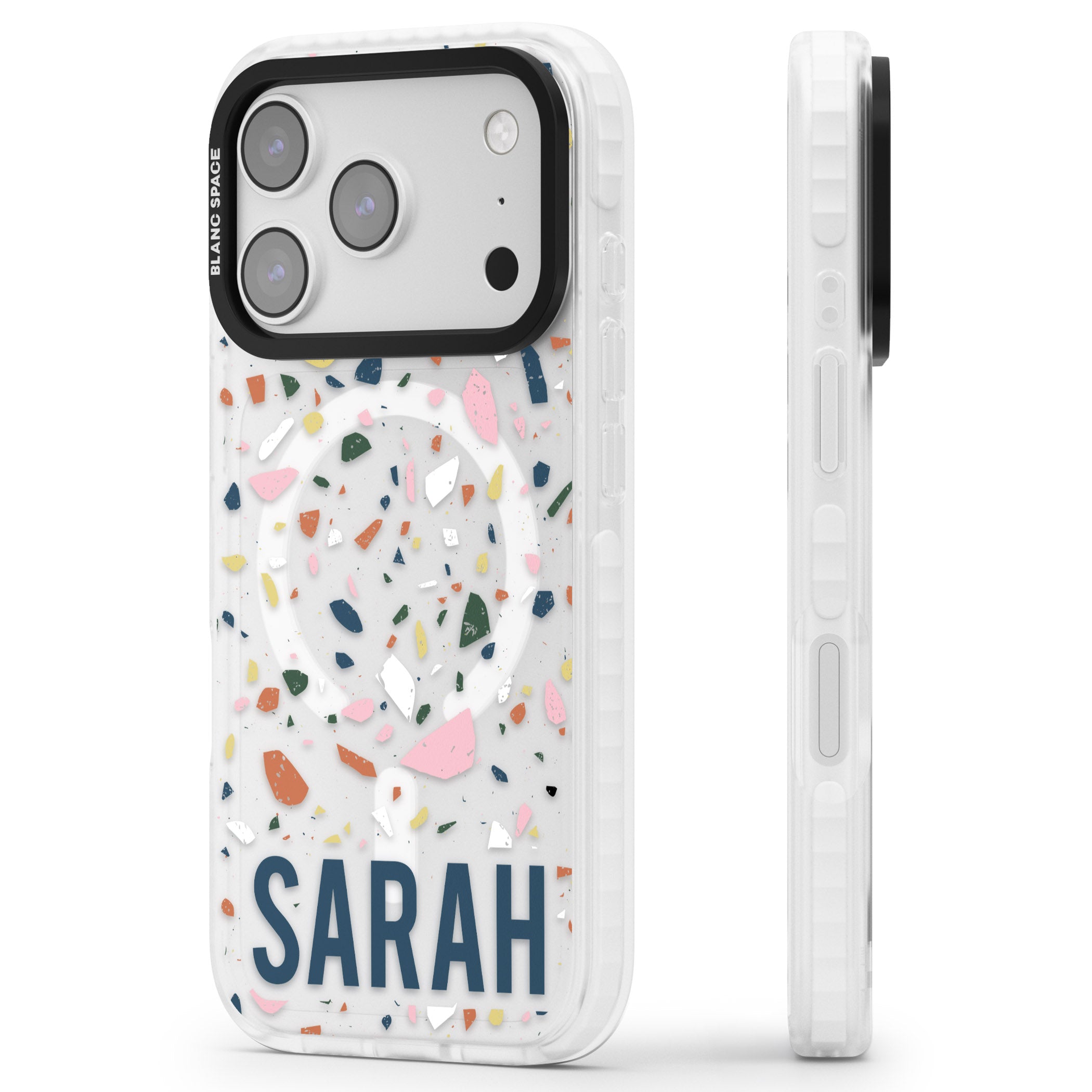 Personalised Terrazzo iPhone 17 Pro Impact Pro Clear Phone Case Side Profile