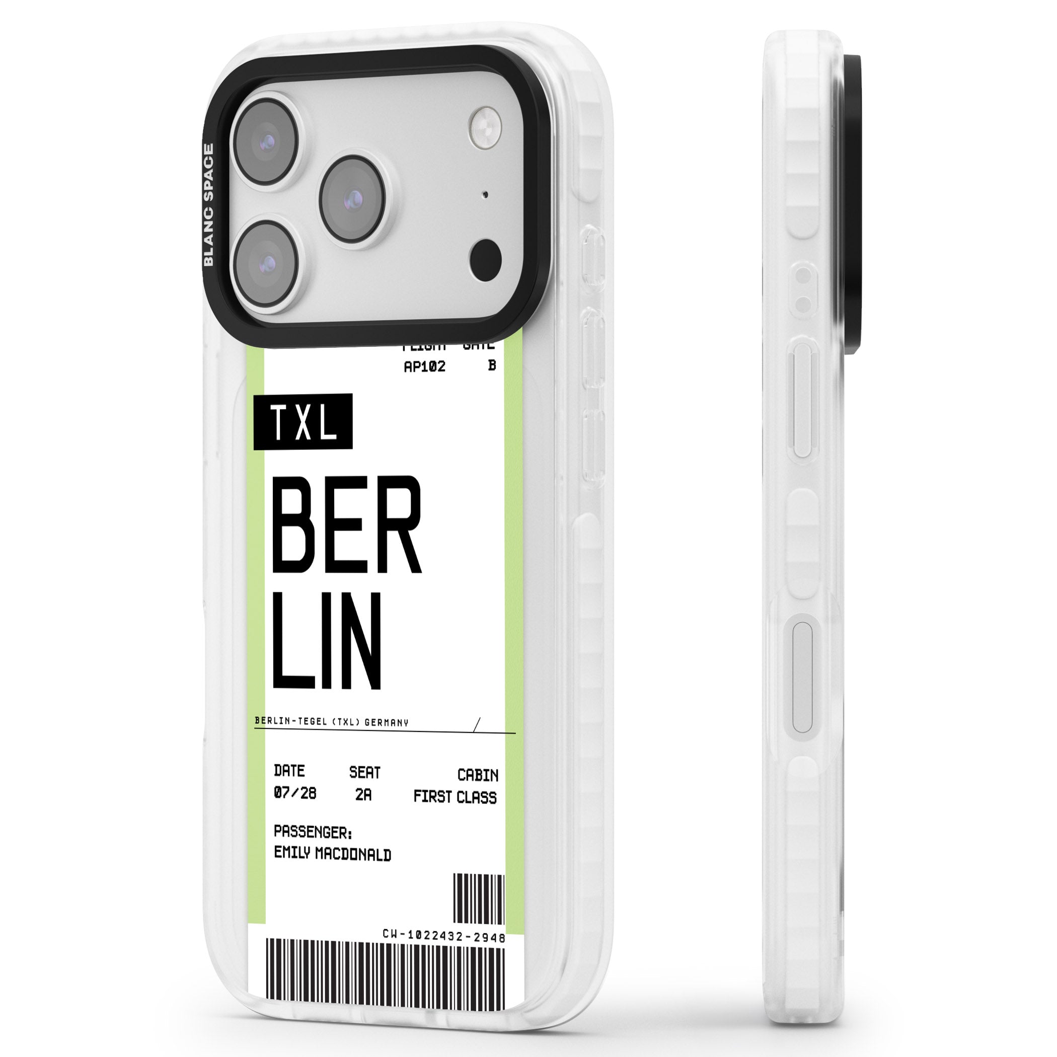 Personalised Berlin Boarding Pass iPhone 17 Pro Impact Pro Clear Phone Case Side Profile