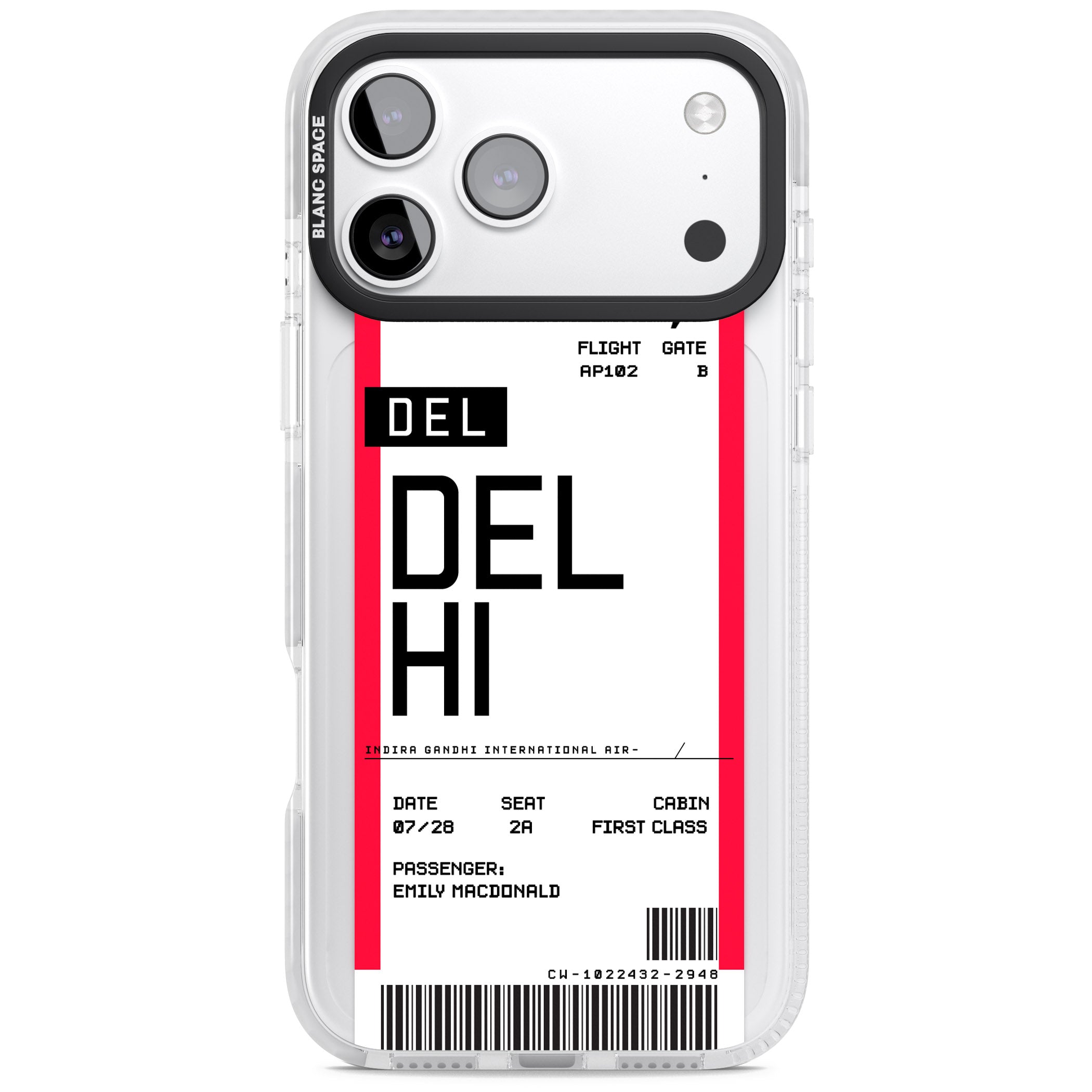 Personalised Delhi Boarding Pass iPhone 17 Pro Impact Pro Clear Phone Case