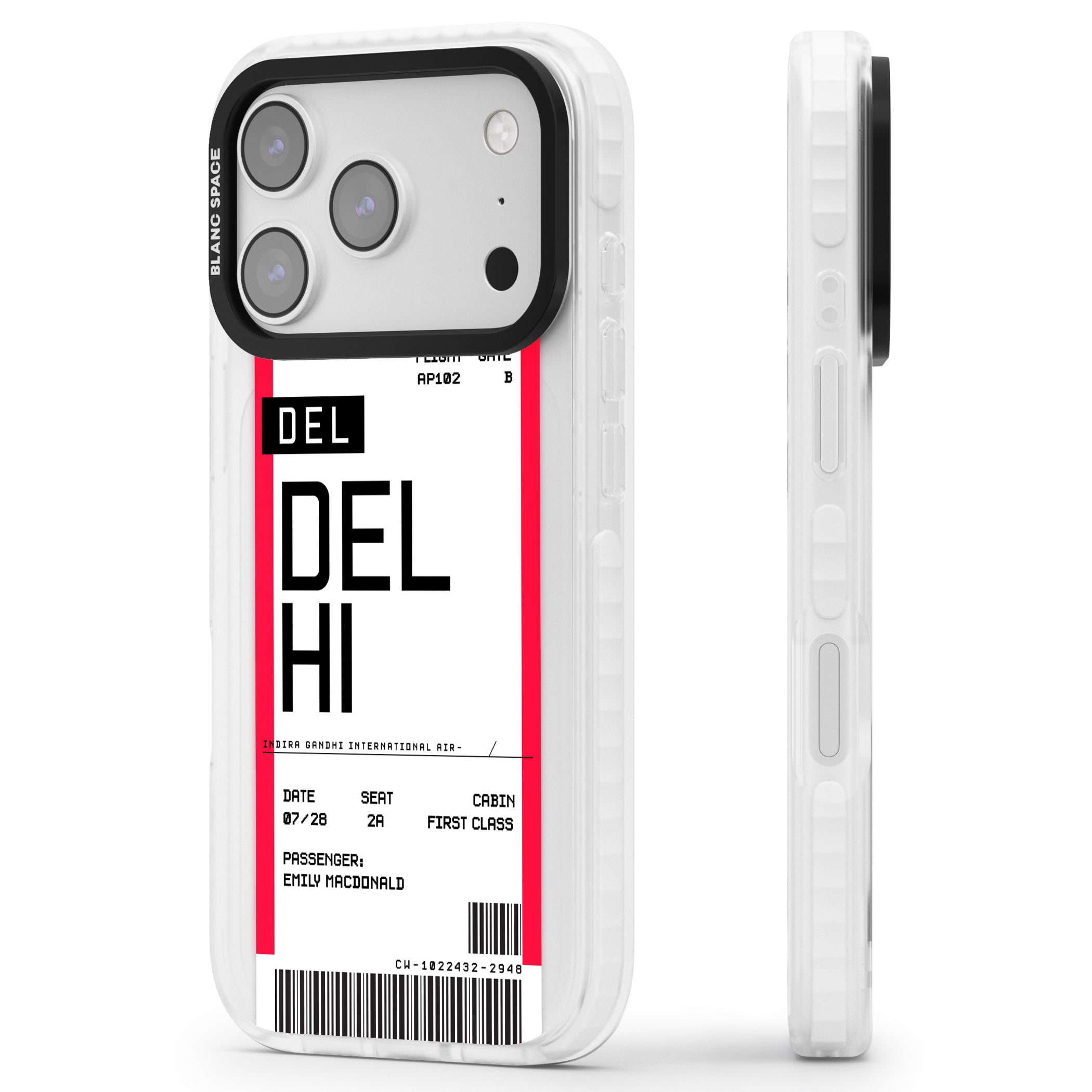 Personalised Delhi Boarding Pass iPhone 17 Pro Impact Pro Clear Phone Case Side Profile
