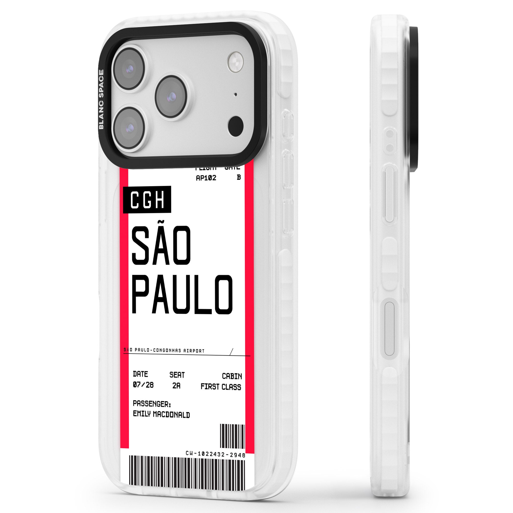 Personalised São Paulo Boarding Pass iPhone 17 Pro Impact Pro Clear Phone Case Side Profile
