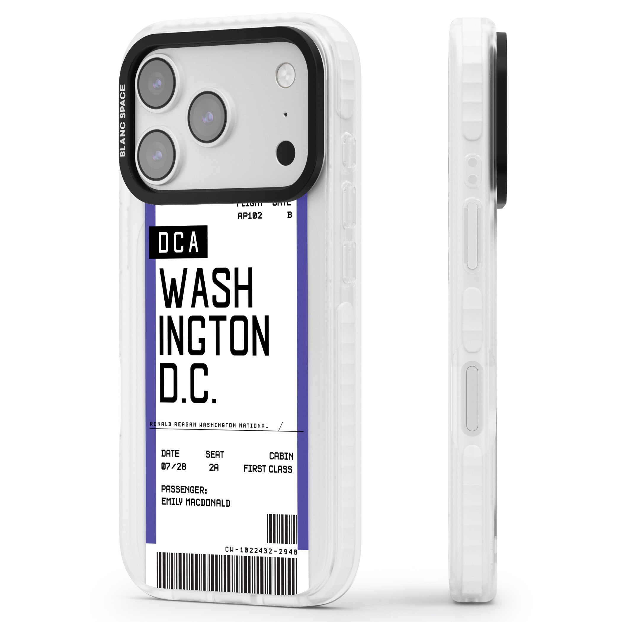 Personalised Washington D.C. Boarding Pass iPhone 17 Pro Impact Pro Clear Phone Case Side Profile