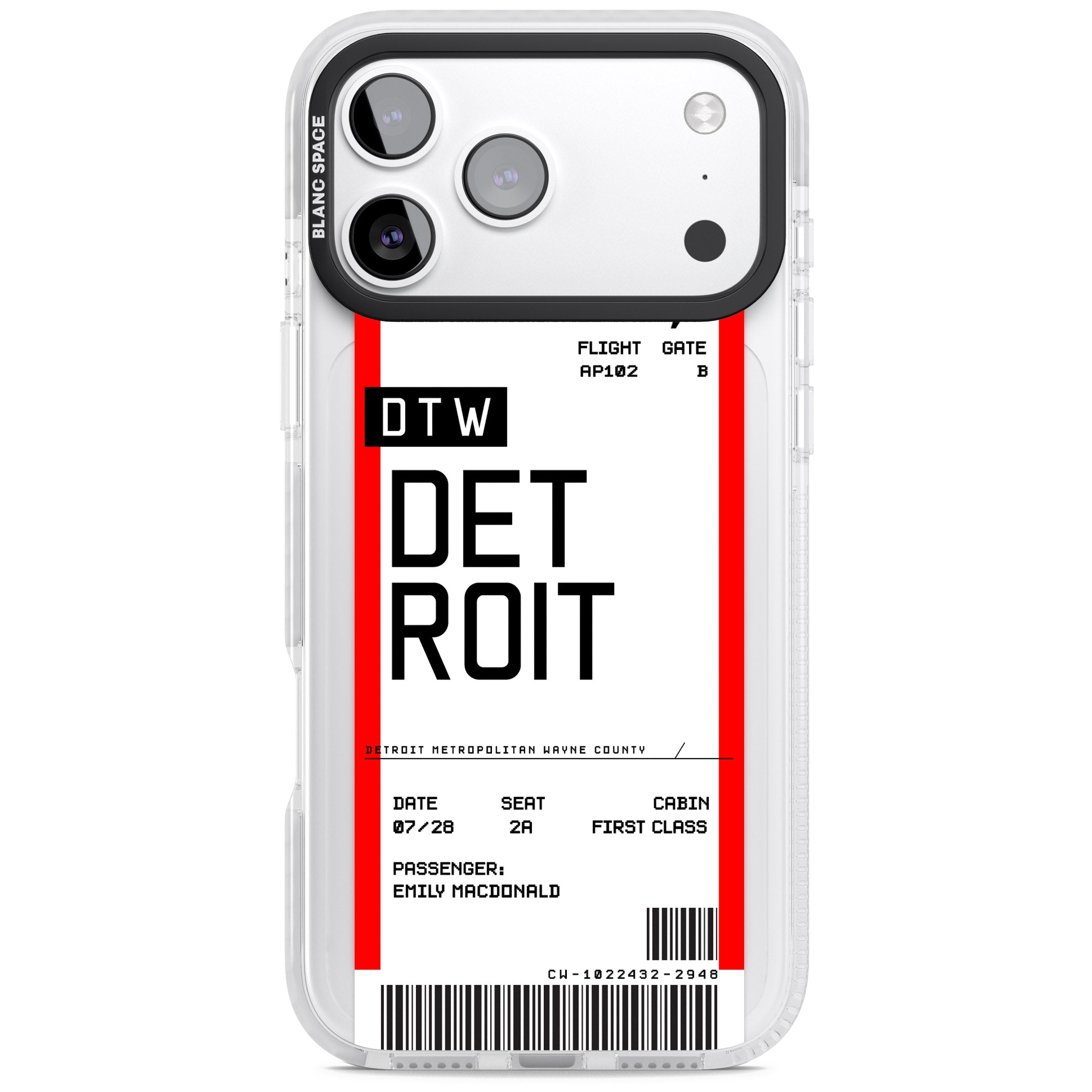 Personalised Detroit Boarding Pass iPhone 17 Pro Impact Pro Clear Phone Case