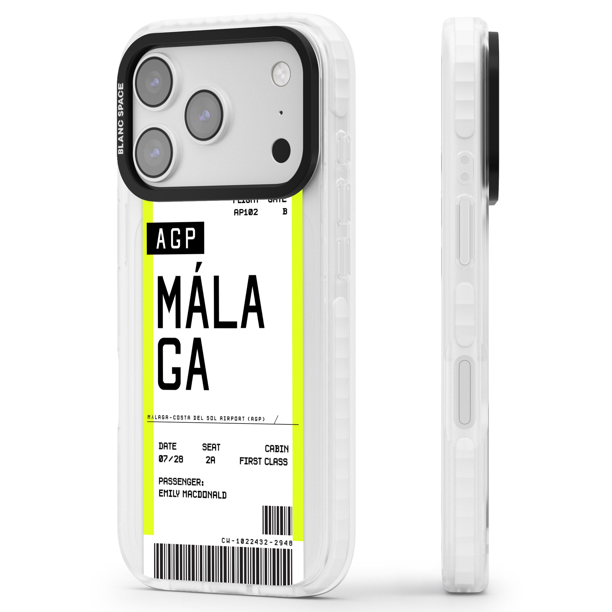 Personalised Málaga Boarding Pass iPhone 17 Pro Impact Pro Clear Phone Case Side Profile
