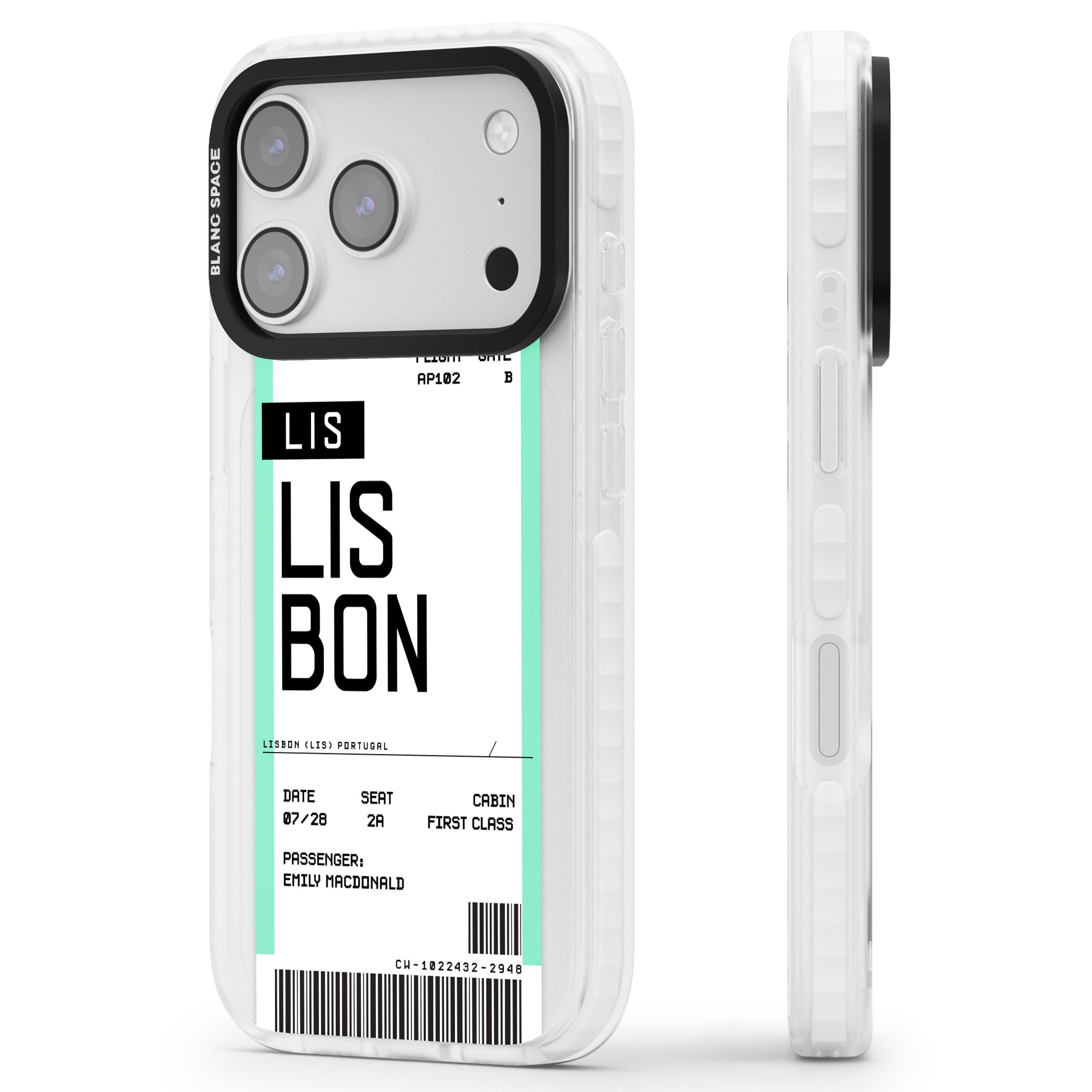 Personalised Lisbon Boarding Pass iPhone 17 Pro Impact Pro Clear Phone Case Side Profile