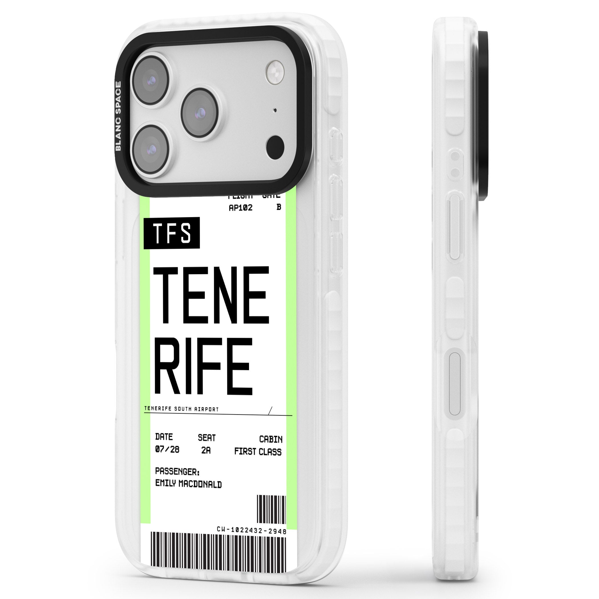Personalised Tenerife Boarding Pass iPhone 17 Pro Impact Pro Clear Phone Case Side Profile