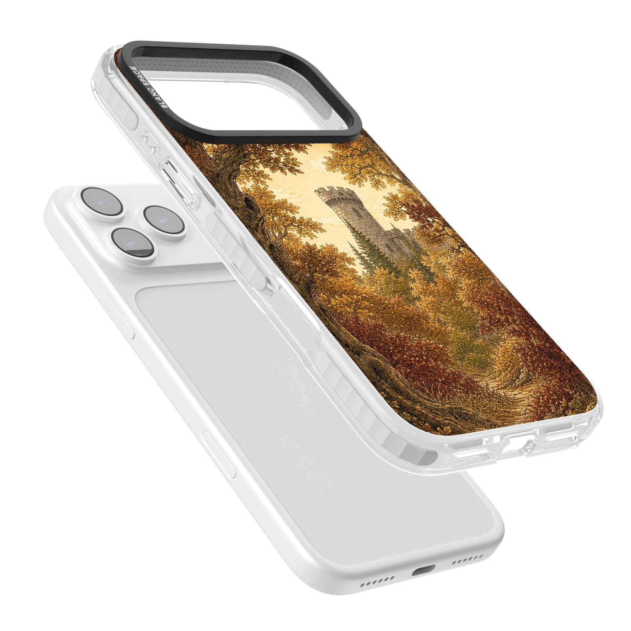 Autumn Keep cottagecore iPhone case featuring a medieval castle tower framed by golden autumn trees and woodland foliage | Impact Magsafe case for iPhone 17 Pro, iPhone 17 Pro Max