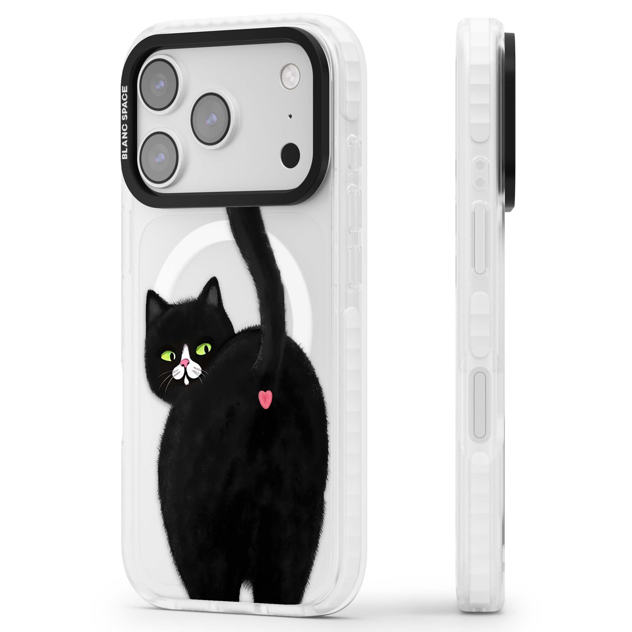 The Cat's Kiss cute cat iPhone case featuring a hand-painted tuxedo kitty with green eyes and a pink heart on a clear  | Impact Magsafe case for iPhone 17 Pro, iPhone 17 Pro Max
