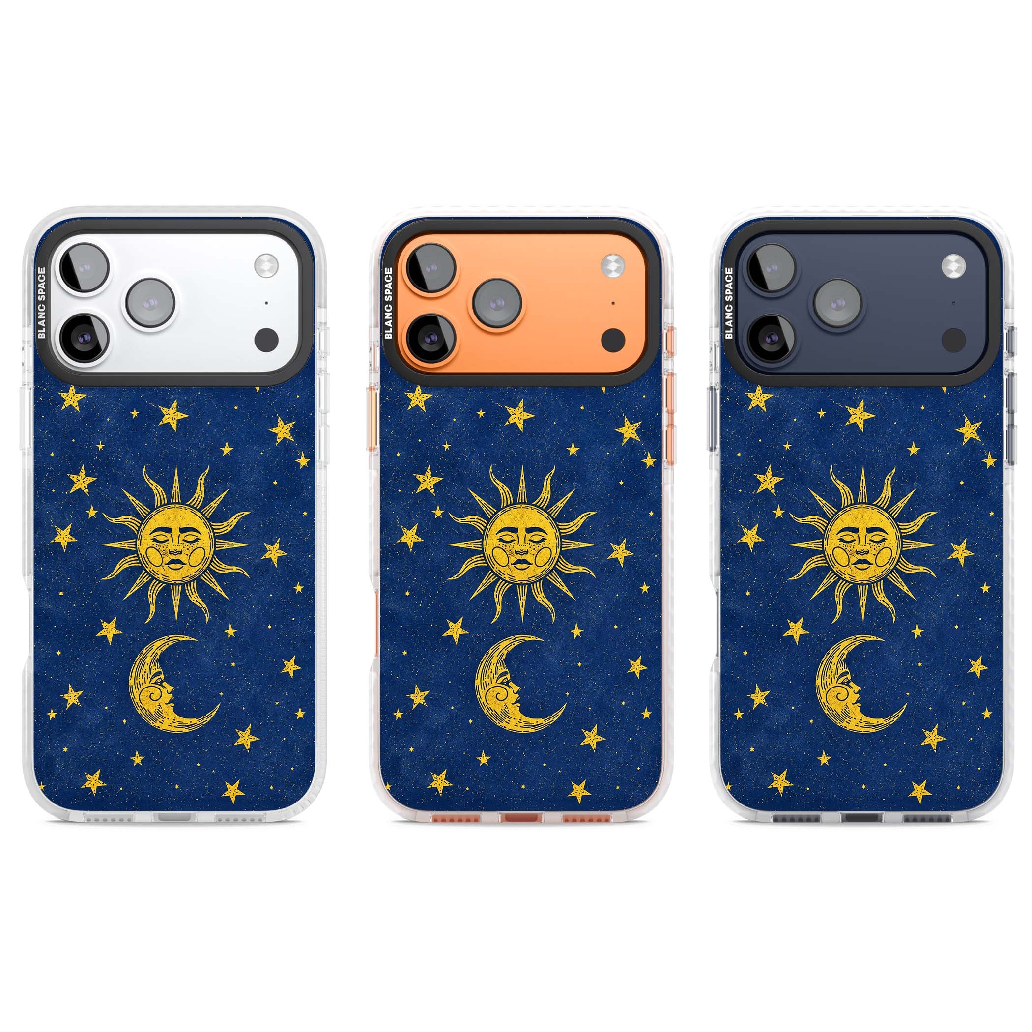 Sun & Moon Reverie celestial iPhone case featuring a vintage golden sun, crescent moon and scattered stars on midnight blue | Impact Magsafe case for iPhone 17 Pro, iPhone 17 Pro Max