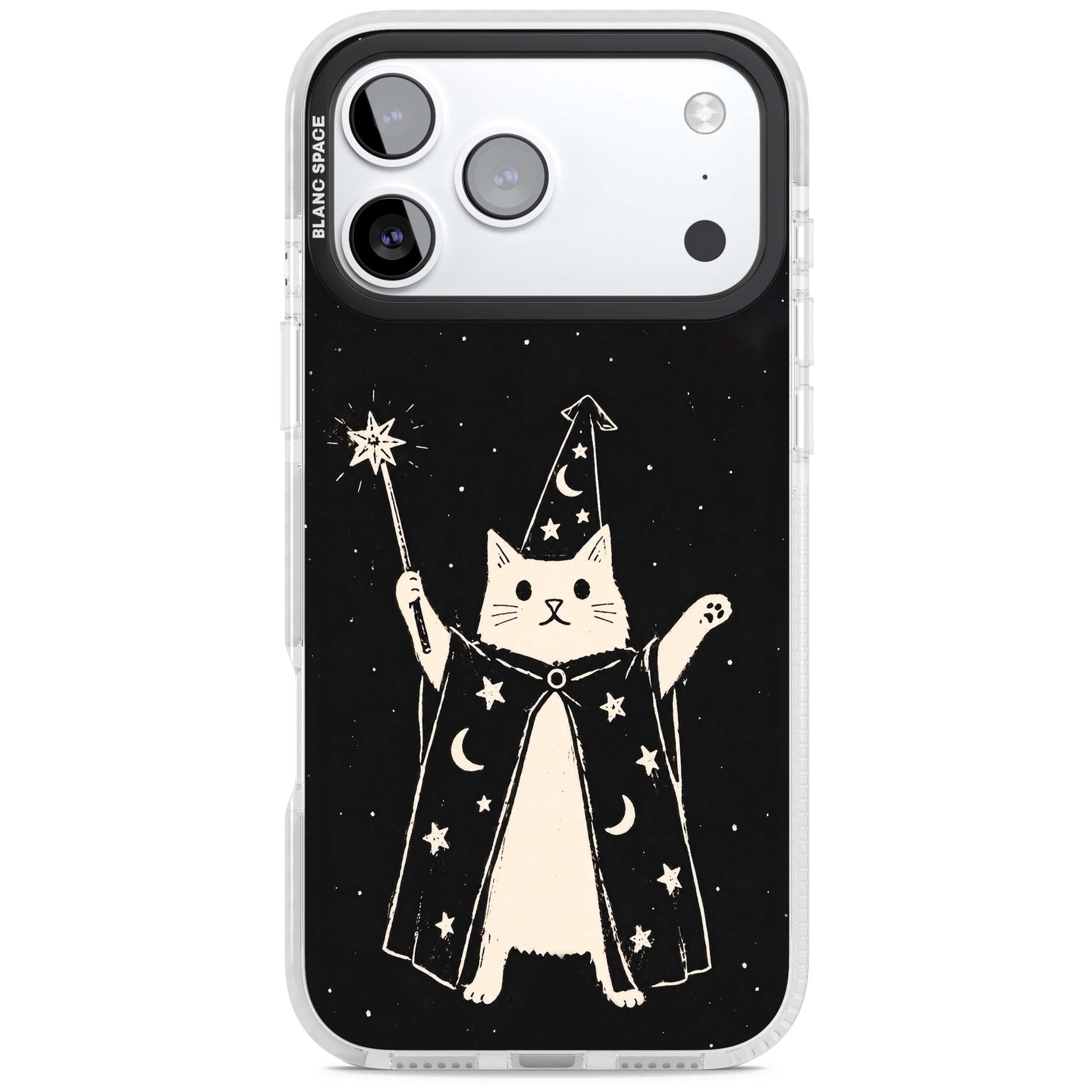 Whisker Wizard celestial cat iPhone case featuring a wizard cat with magic wand, starry night sky and crescent moons | Impact Magsafe case for iPhone 17 Pro, iPhone 17 Pro Max
