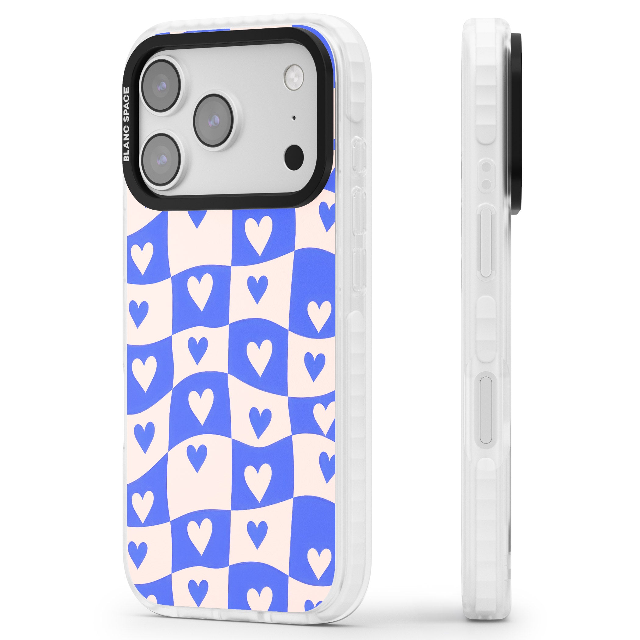 Blue Wavy Checked Hearts iPhone 17 Pro Impact Pro Clear Phone Case Side Profile