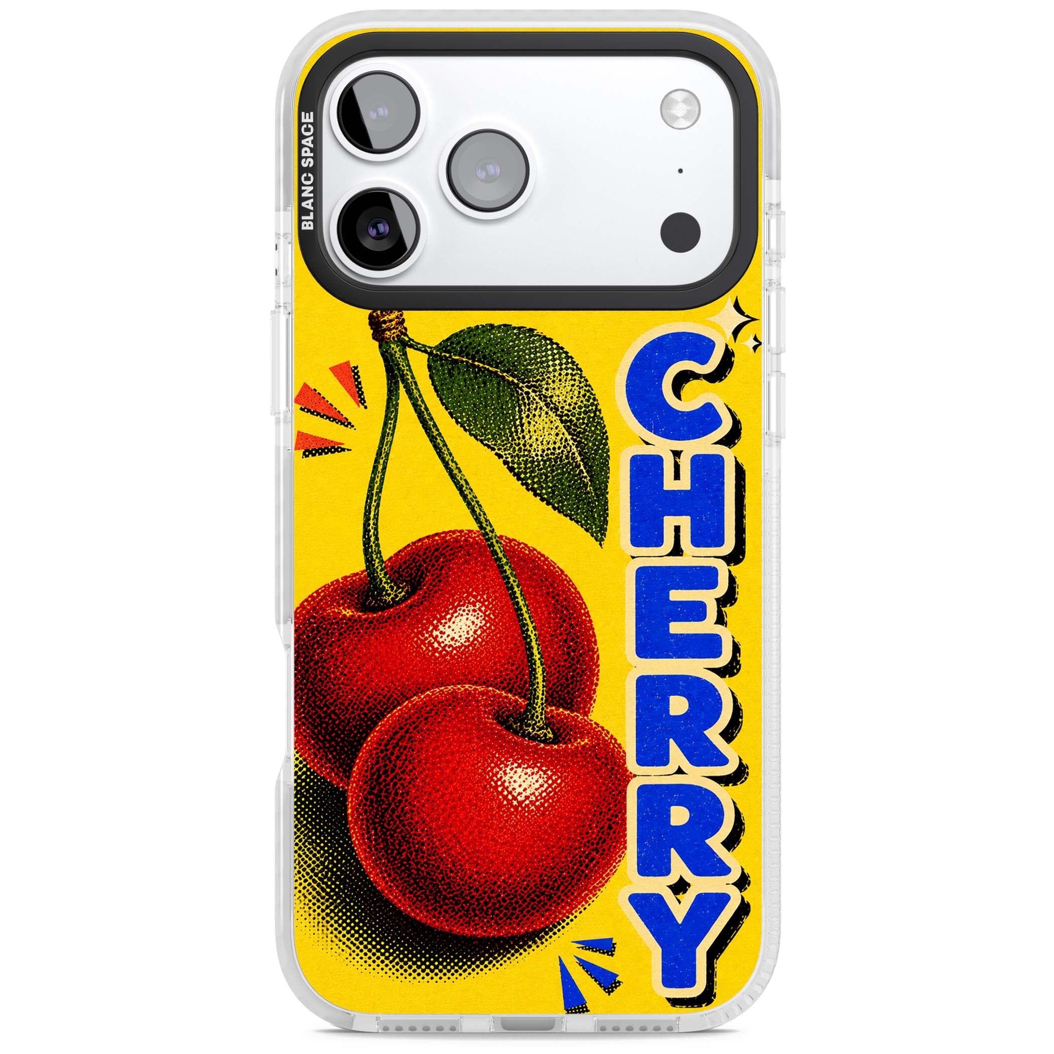 Cherry Yellow y2k iPhone case featuring two red cherries, halftone shading and bold blue CHERRY lettering on yellow | Impact Magsafe case for iPhone 17 Pro, iPhone 17 Pro Max