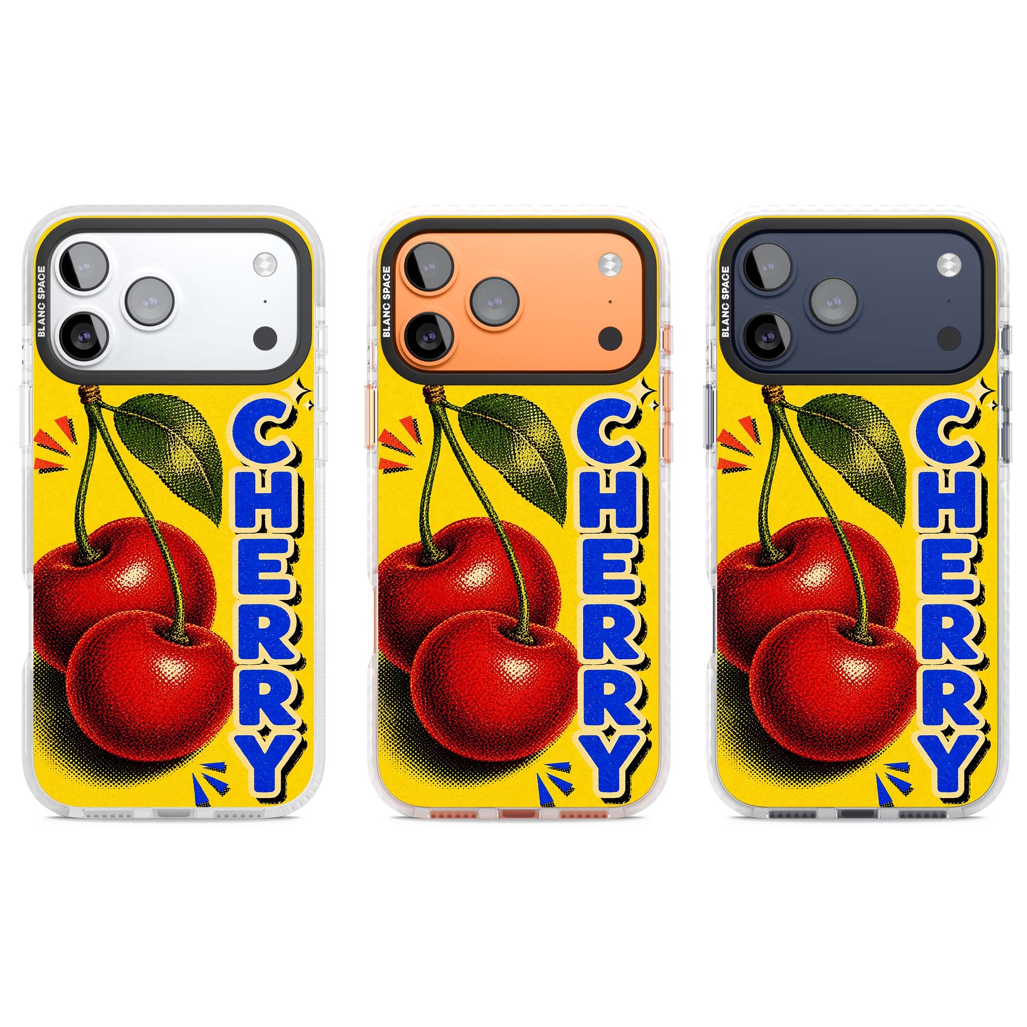 Cherry Yellow y2k iPhone case featuring two red cherries, halftone shading and bold blue CHERRY lettering on yellow | Impact Magsafe case for iPhone 17 Pro, iPhone 17 Pro Max
