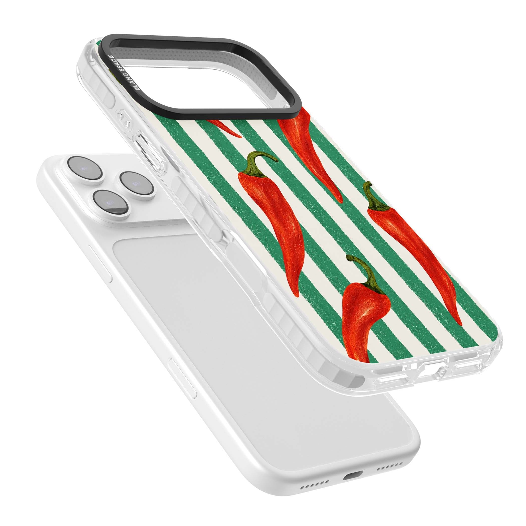 Striped Chillis coastal iPhone case featuring hand-painted red chili peppers on green and cream stripes | Impact Magsafe case for iPhone 17 Pro, iPhone 17 Pro Max