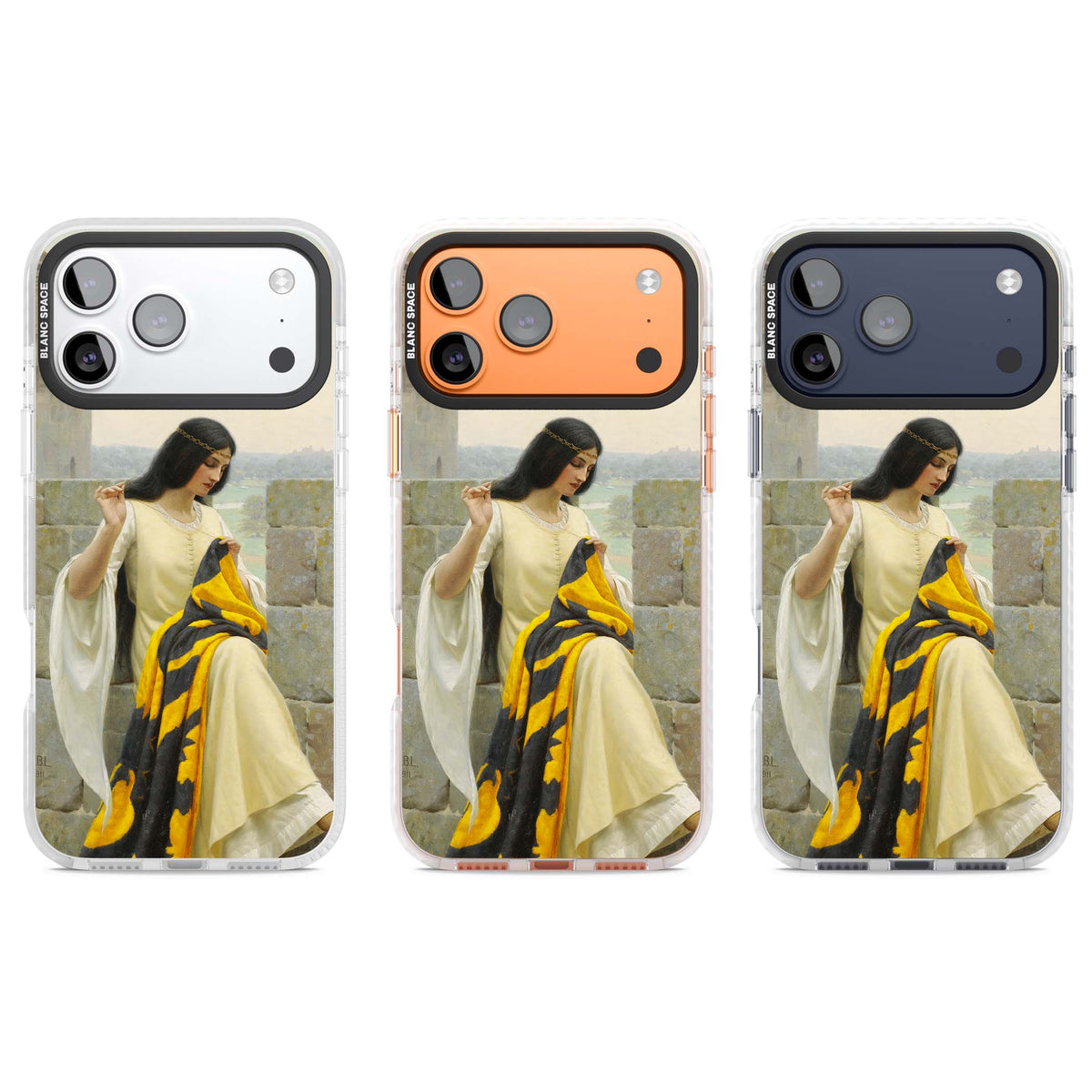 Stitching the Standard renaissance art iPhone case featuring a medieval lady sewing a golden banner on a castle wall | Impact Magsafe case for iPhone 17 Pro, iPhone 17 Pro Max