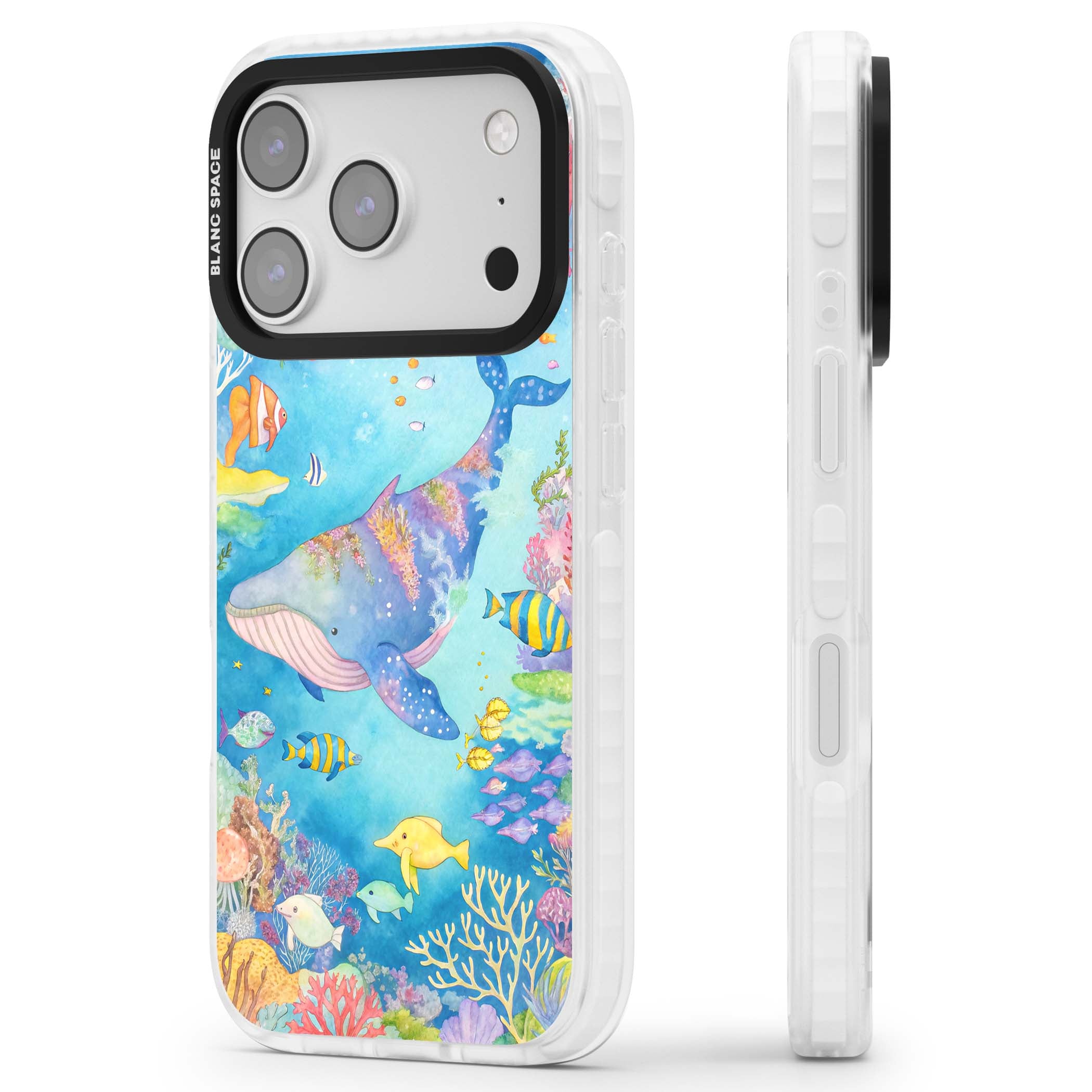 Coral Lagoon ocean iPhone case featuring a watercolour whale, coral reef and tropical fish | Impact Magsafe case for iPhone 17 Pro, iPhone 17 Pro Max