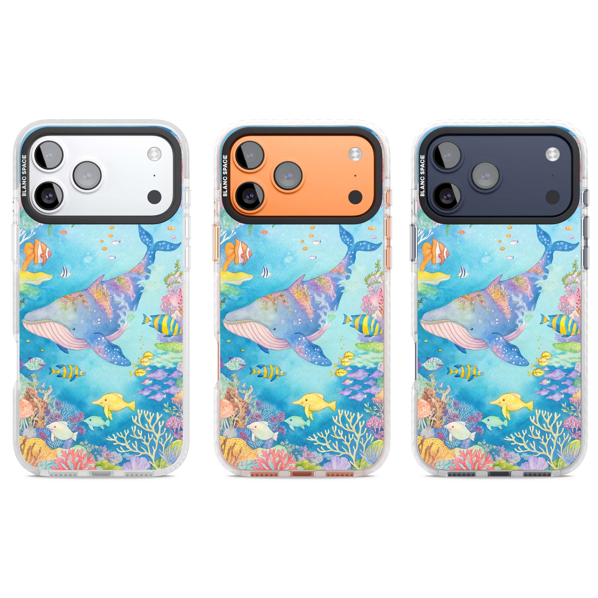 Coral Lagoon ocean iPhone case featuring a watercolour whale, coral reef and tropical fish | Impact Magsafe case for iPhone 17 Pro, iPhone 17 Pro Max