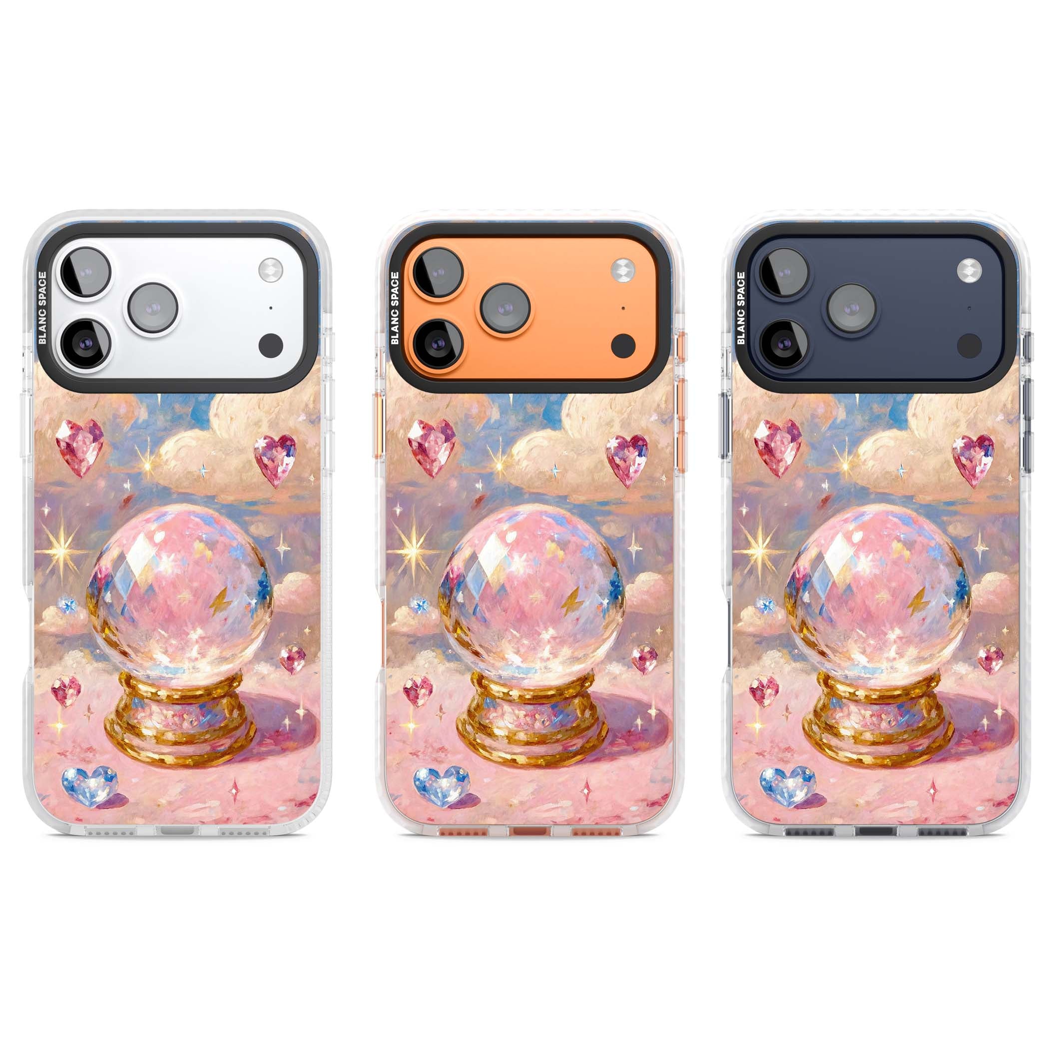 Crystal Ball fairycore iPhone case featuring a painted crystal ball, heart gemstones, and pastel clouds | Impact Magsafe case for iPhone 17 Pro, iPhone 17 Pro Max