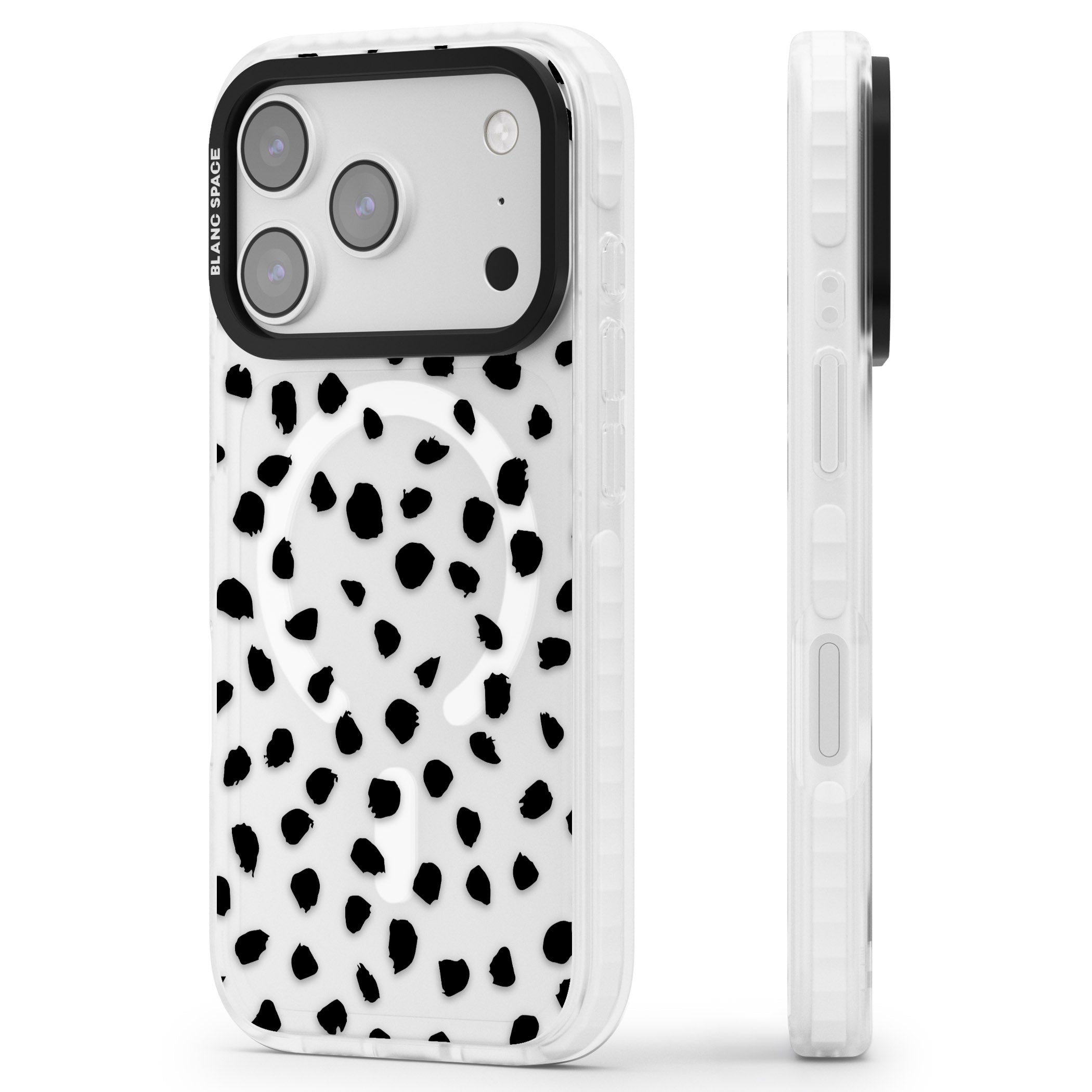 Black Dalmatian Polka Dot iPhone 17 Pro Impact Pro Clear Phone Case Side Profile