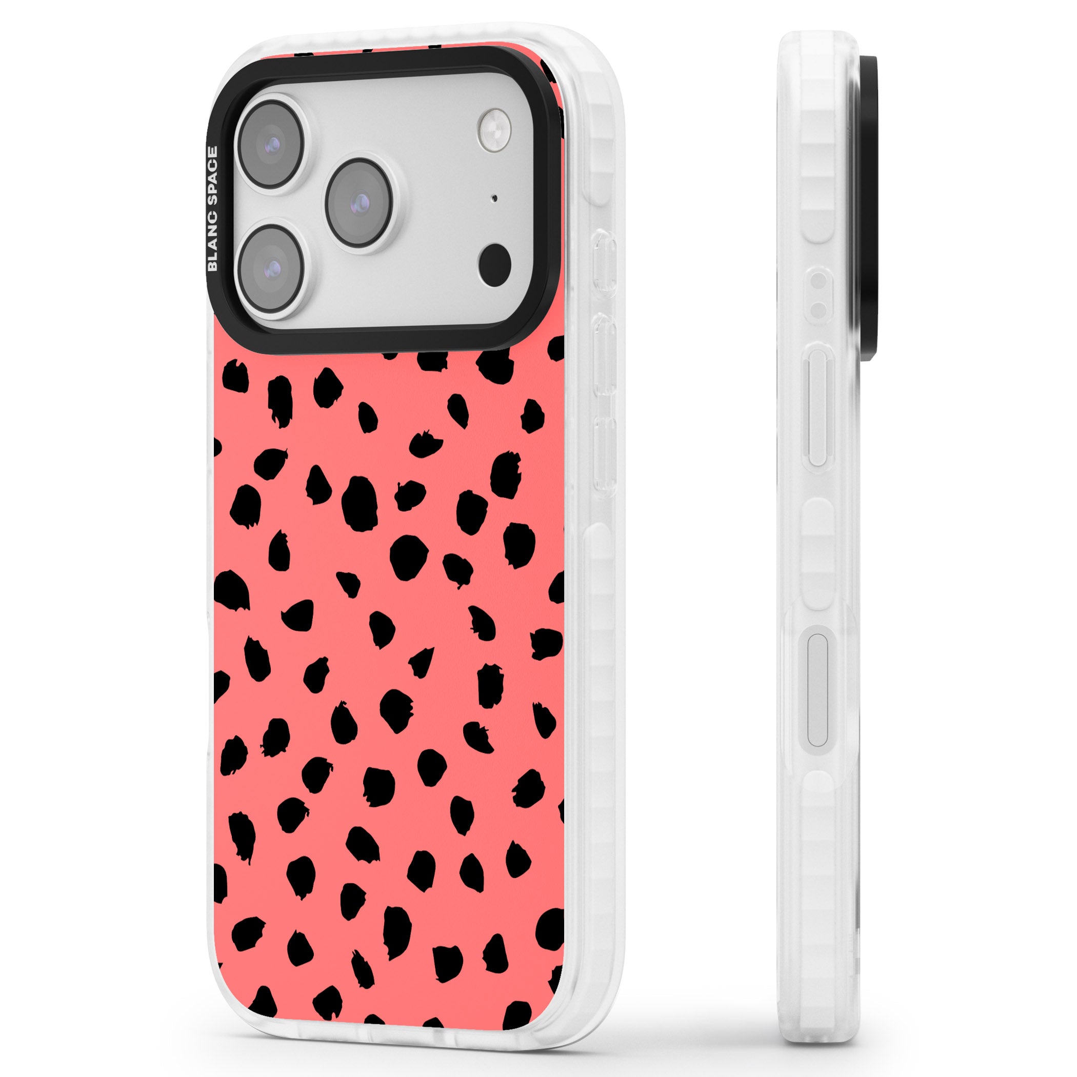 Black Dalmatian Spots On Coral iPhone 17 Pro Impact Pro Clear Phone Case Side Profile