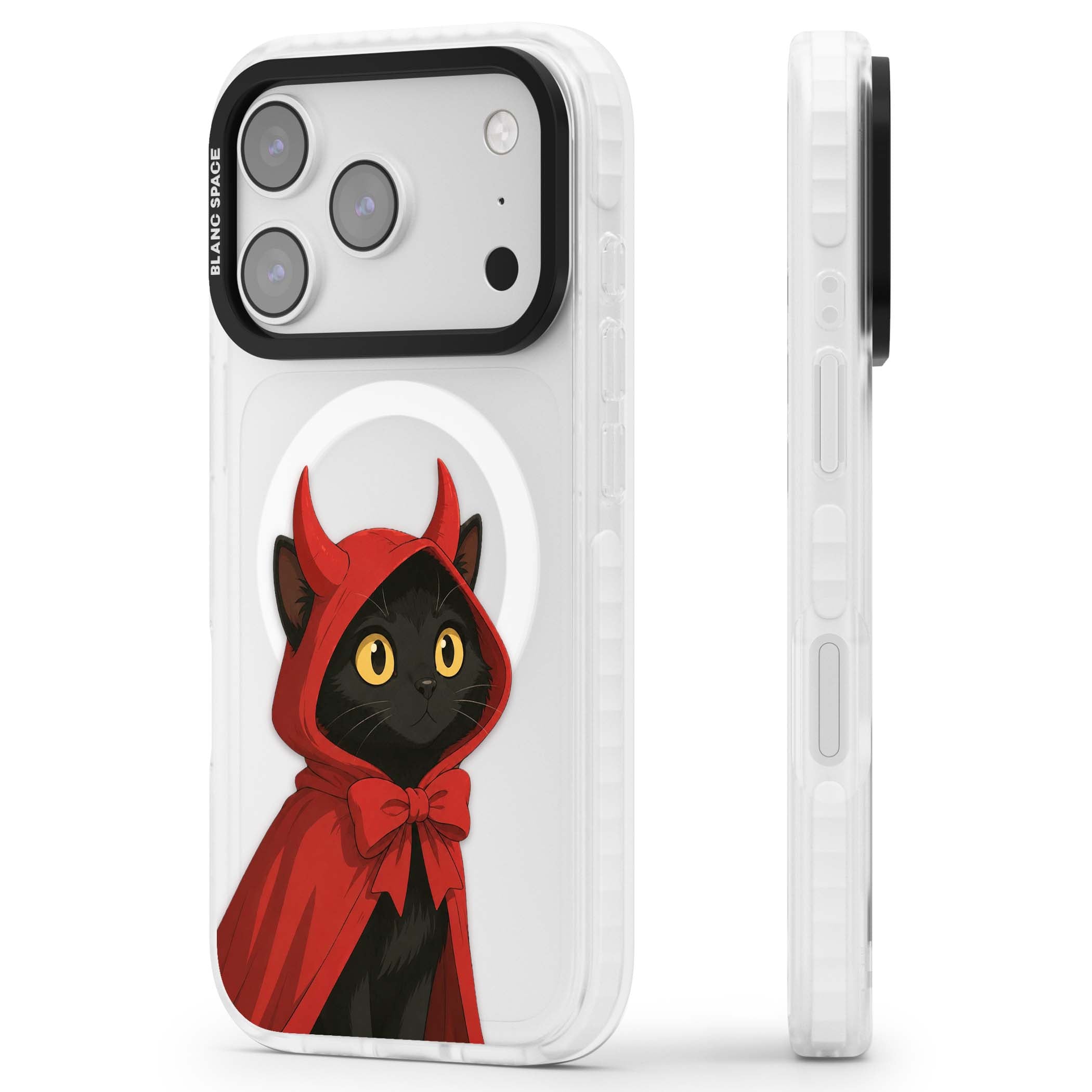 Little Devil halloween iPhone case featuring a black cat in a red hooded devil cloak with horns and golden eyes | Impact Magsafe case for iPhone 17 Pro, iPhone 17 Pro Max