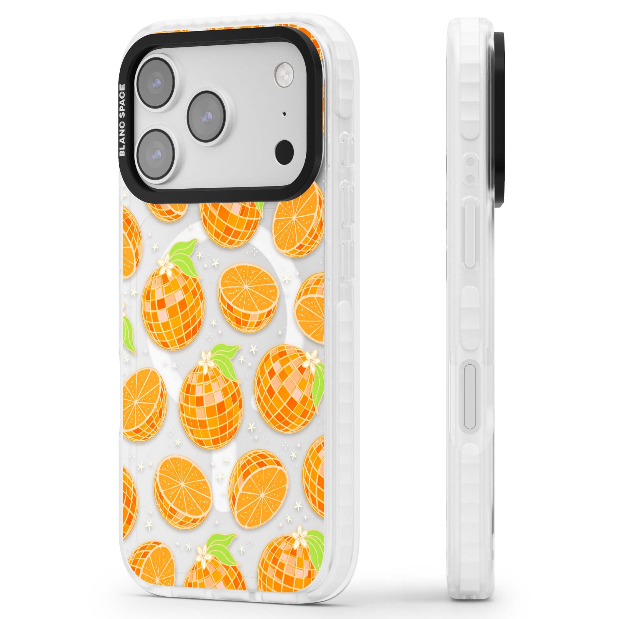 Disco Oranges retro iPhone case featuring mirrorball oranges, citrus slices and tiny blossoms on clear | Impact Magsafe case for iPhone 17 Pro, iPhone 17 Pro Max