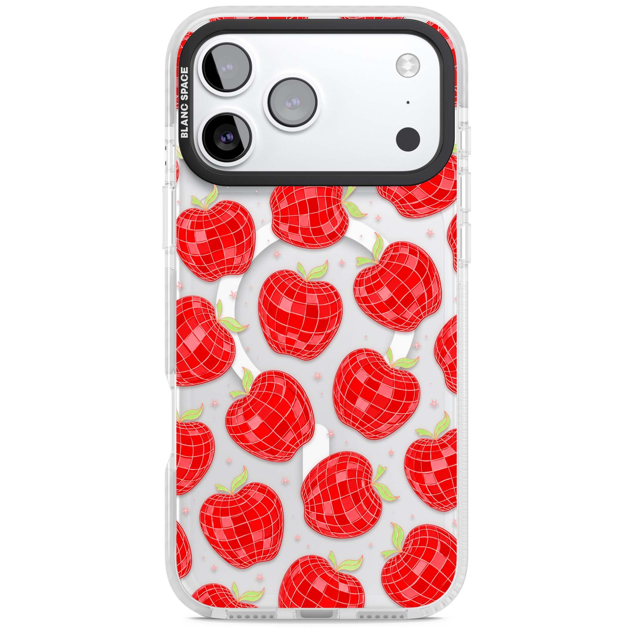 Disco Apples Y2K iPhone case featuring red disco ball apples, green leaves and pink sparkles on clear | Impact Magsafe case for iPhone 17 Pro, iPhone 17 Pro Max