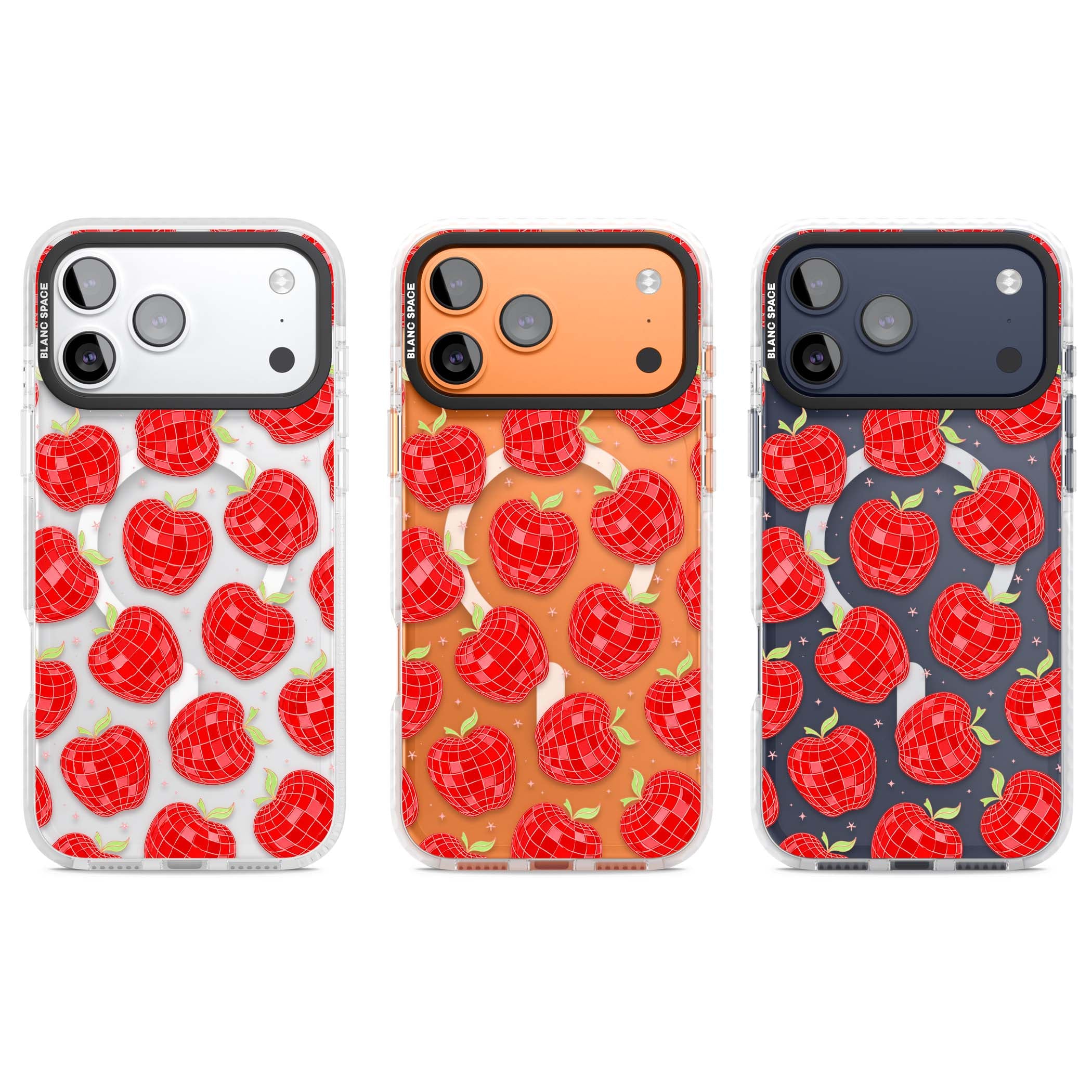 Disco Apples Y2K iPhone case featuring red disco ball apples, green leaves and pink sparkles on clear | Impact Magsafe case for iPhone 17 Pro, iPhone 17 Pro Max