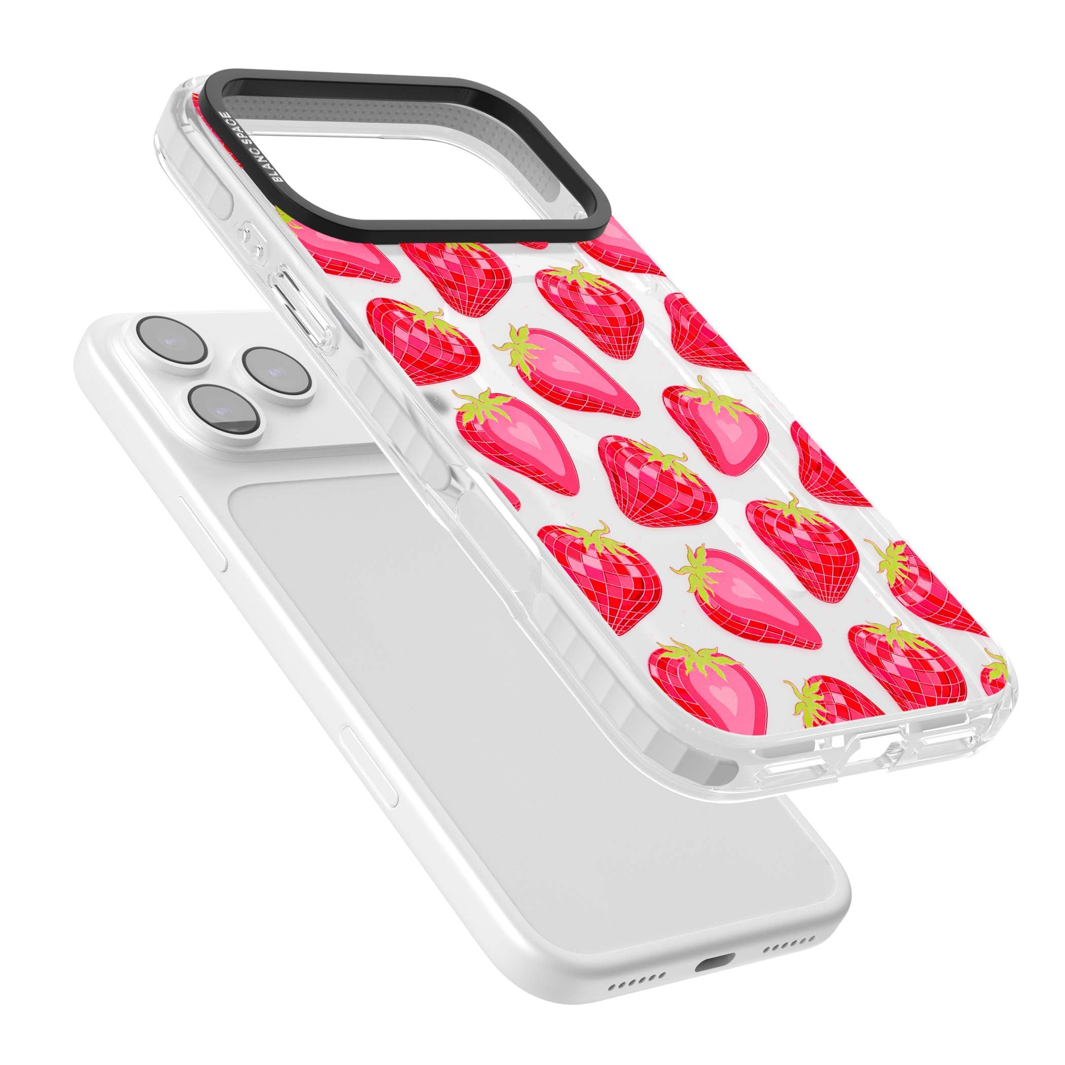 Disco Strawberry Y2K iPhone case featuring pink disco-ball strawberries, green leaves and tiny sparkles | Impact Magsafe case for iPhone 17 Pro, iPhone 17 Pro Max