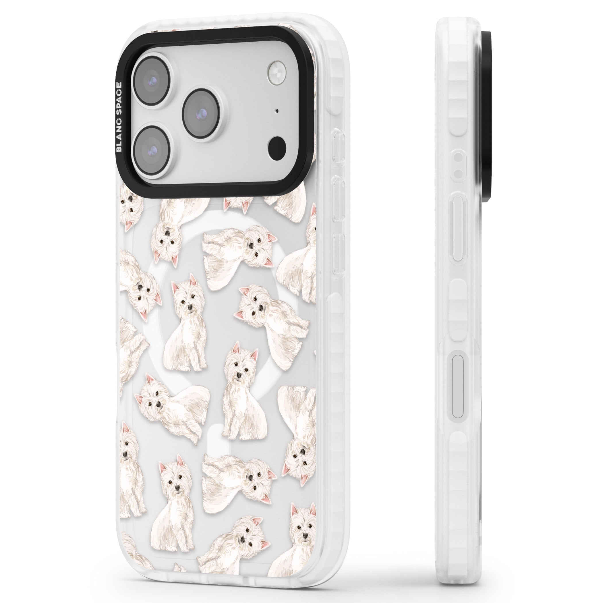 Westie Dog Pattern iPhone 17 Pro Impact Pro Clear Phone Case Side Profile