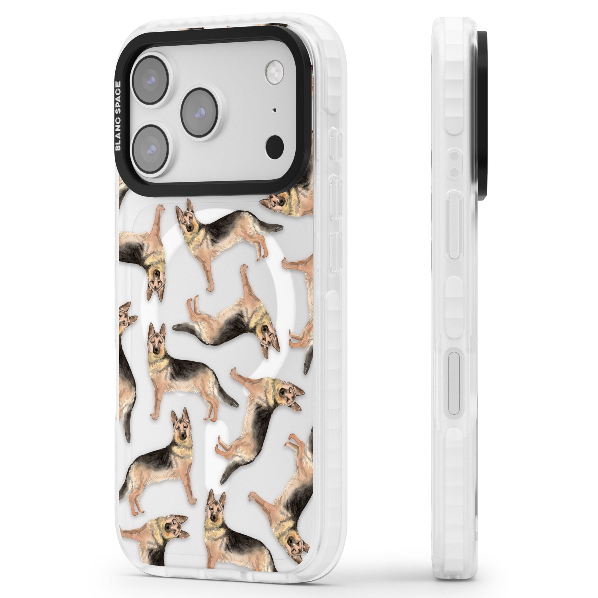 German Shepherd Pattern Classic iPhone 17 Pro Impact Pro Clear Phone Case Side Profile